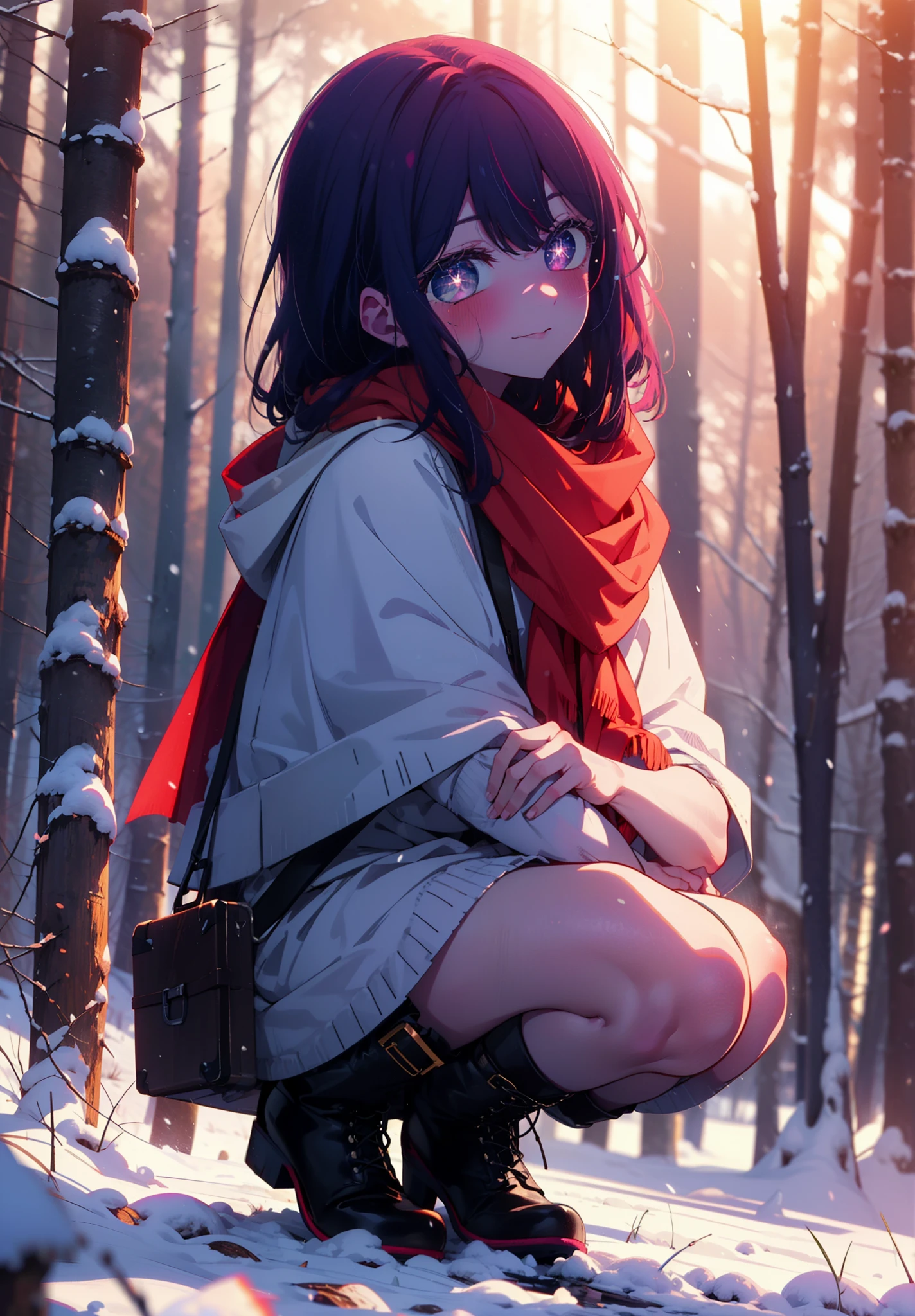 aihoshino, Ai Hoshino, Long Hair, bangs, (Purple eyes:1.1), Purple Hair, (Symbol-shaped pupil:1.5), smile,,smile,blush,white breath,
Open your mouth,snow,Ground bonfire, Outdoor, boots, snowing, From the side, wood, suitcase, Cape, Blurred, , forest, White handbag, nature, Squat, Mouth closed, Cape, winter, Written boundary depth, Black shoes, red Cape break looking at viewer, Upper Body, whole body, break Outdoor, forest, nature, break (masterpiece:1.2), Highest quality, High resolution, unity 8k wallpaper, (shape:0.8), (Beautiful and beautiful eyes:1.6), Highly detailed face, Perfect lighting, Extremely detailed CG, (Perfect hands, Perfect Anatomy),