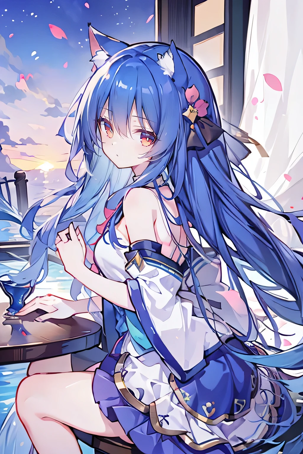 （masterpiece：1.2），Super detailed，lifelike，Expressive eyes，fair skin，perfect face shape，1 girl，
Japanese comics,Gorgeous blue hair,flowing blue hair,flowing clothes,Cat ears,Petals fall,beautiful lola,Baby Angel,
Shaking head with one hand，Cross your legs，，The pavilion is cool and comfortable,smile,back views,sunrise,Petals fall,sunrise