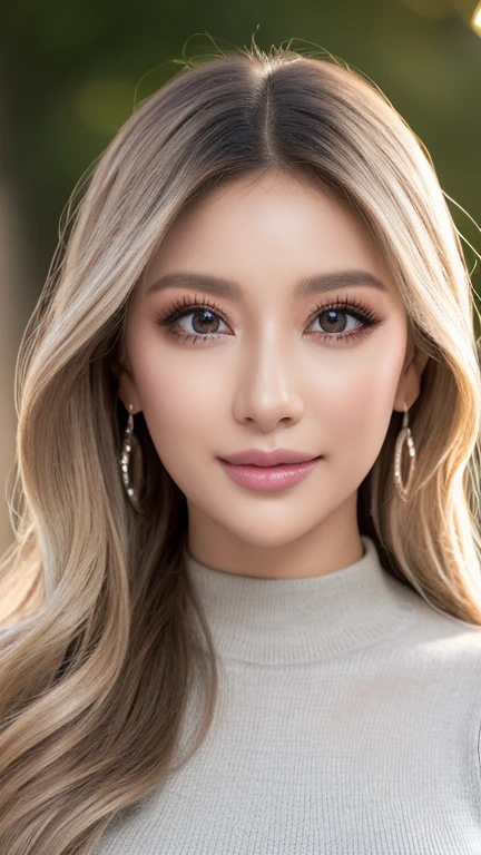 (Cowboy Shot、Highest quality、8k、Award-winning works、Ultra-high resolution)、One beautiful woman、(Perfect, The most natural grey long sleeve sweater:1.1)、(blonde:1.1)、Bright color contacts、Perfect Makeup、Bright and shiny lipstick、(Very heavy makeup:1.2)、(Deep pink around the eyes:1.1)、Beautiful bright eyeshadow、Heavy makeup around the eyes、(Big Breasts:1.2)、Wavy semi-long hair、(Romantic affection:1.1)、The best smile when he sees me、(Many of them emphasize the body line..:1.1)、(Strongly blurred vibrant Harajuku city background:1.1)、(Strongly blurred background:1.1)、Accurate ???????、Ultra HD Hair、(Ultra-high resolutionの完璧な美しい歯:1.1)、Ultra-high definition beauty face、Ultra HD Hair、Ultra HD Shining Eyes、輝くUltra-high resolutionの美肌、Ultra-high resolutionの艶やかな唇