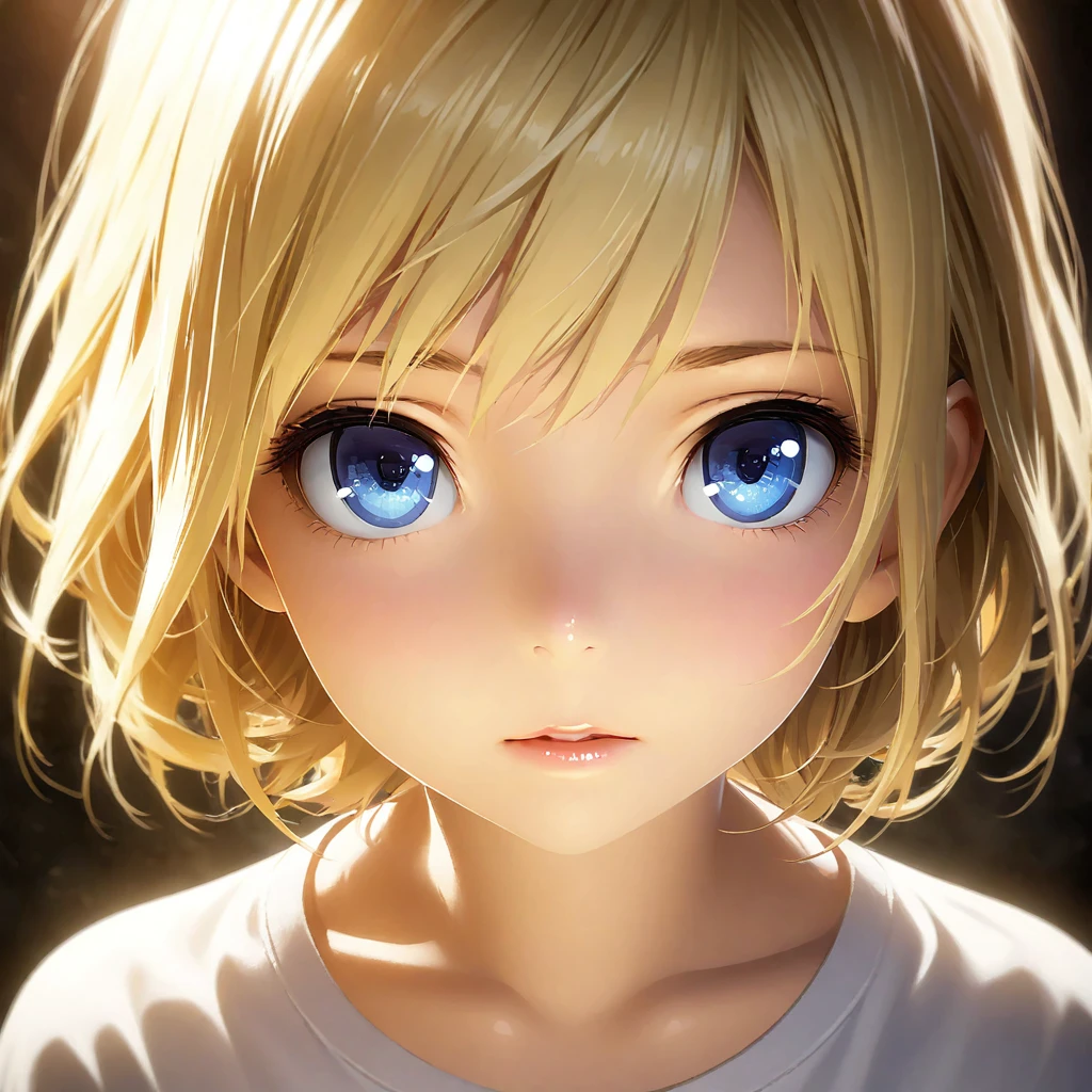 portrait, Practical, blue eyes, Blonde hair, Mid-chest, 4K resolution, High quality CG, Beautiful CG, Soft Light, Octane Rendering, white t-shirt, wide angle, front, direct gaze, frontal view, headshot