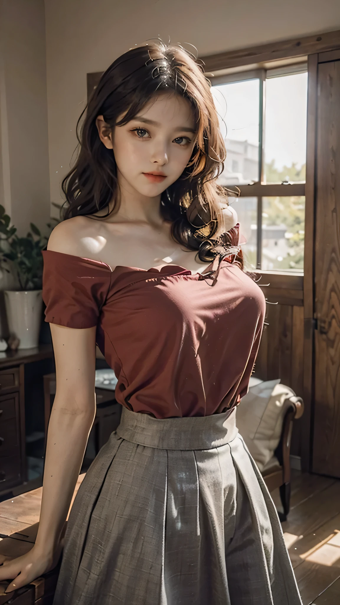 detailed background, masterpiece, best quality, 1 person , curly hair, long hair, purple eyes, star in eye , sharp red Strapless blouse, long skirt, cute different poses, indoor wood furniture ,light wood color,, upper body , Red color