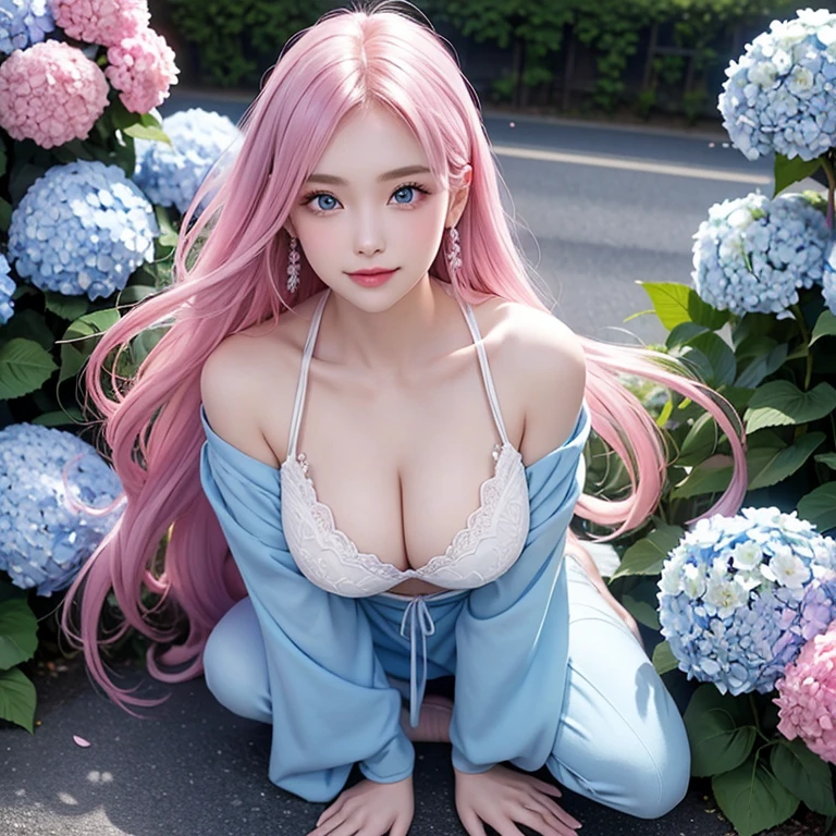 One girl, solo, straight hair to the knees, long hair, looking at you, blue eyes, blue contact lenses, symmetrical face, very long hair, full body, large breasts, ball-shaped breasts, tight waist, pink hair, smiling face, Japanese with a kind face, Japanese woman, five fingers, walking along a road lined with hydrangeas