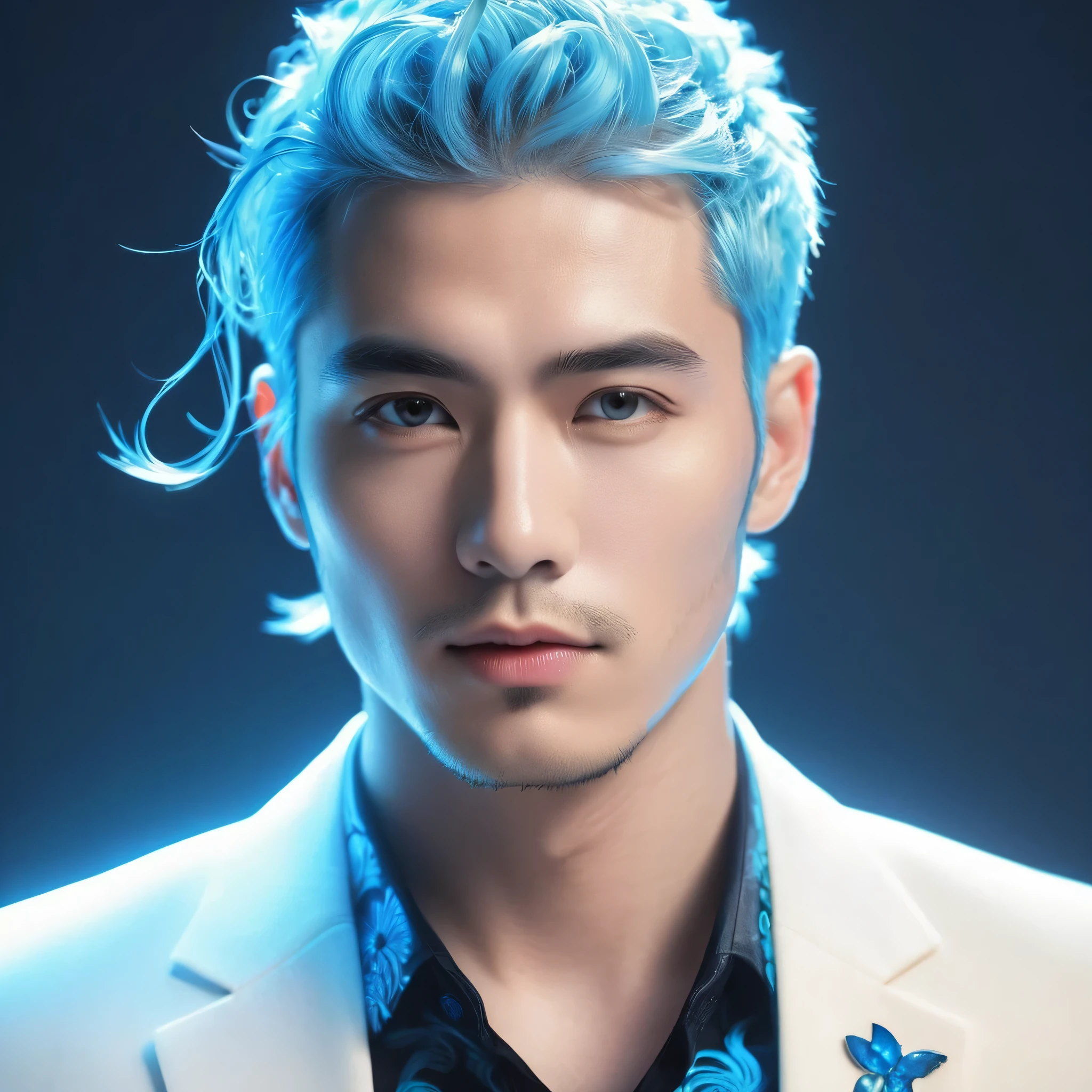 ((jewel_light element)), ( luminous man body_wearing a  blue toxedo groomsmen attire s:1.3), (man made of lightblue light: 1.2,  wavy blue hairstyle with delicate features and light:1.3), (minimalism: 0.5), (Frontal close-up angle above the waist: 1.3), 4K, HDR, acid graphics, fantasy work, [Detailed and vivid faces: 0.33], (white translucent glowing  blue hair: 1.3),,Silhouette outline and glowing in toxedo handsome man, Understated elegance .. A calm and dignified atmosphere provides a subtle sense of luxury... gray smooth texture, stylish pose, fluorescent, glowing tattoo, bioluminescent tattoo, glowing pattern. A man Wearing blue toxedo 