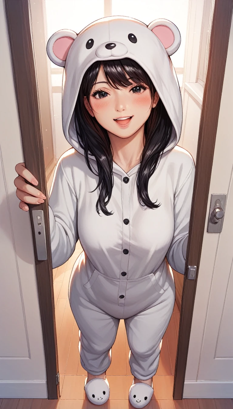 score_9, score_8_up, score_7_up, score_6_up, score_5_up, score_4_up, nari, black eyes, black hair, masterpiece, best quality, ultra-detailed, higres, 1girl, solo, mature female, beautiful and perfect face, detailed eyes, detailed eyelashes, smile, open mouth, blush, looking at viewer, wearing onesie, animal slippers, standing, full body, pov, from front, close shot, open the door, in home