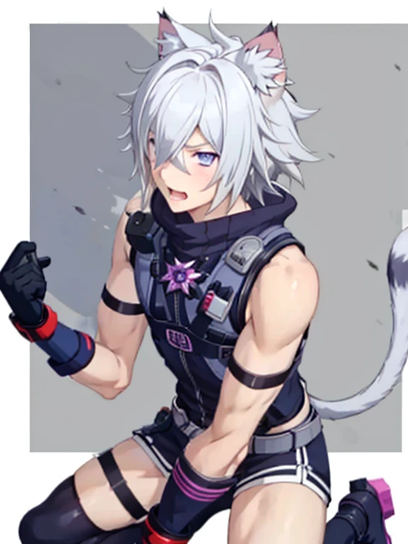 1 young person,alone,18-year-old,male,Shocked facial expression,blush,good looking,Messy Hair, White hair Blue eyes,Purple eyes, Cat ear　Side view　Kneeled　Open your mouth and scream　suffer　Sleeveless, wistful expression　