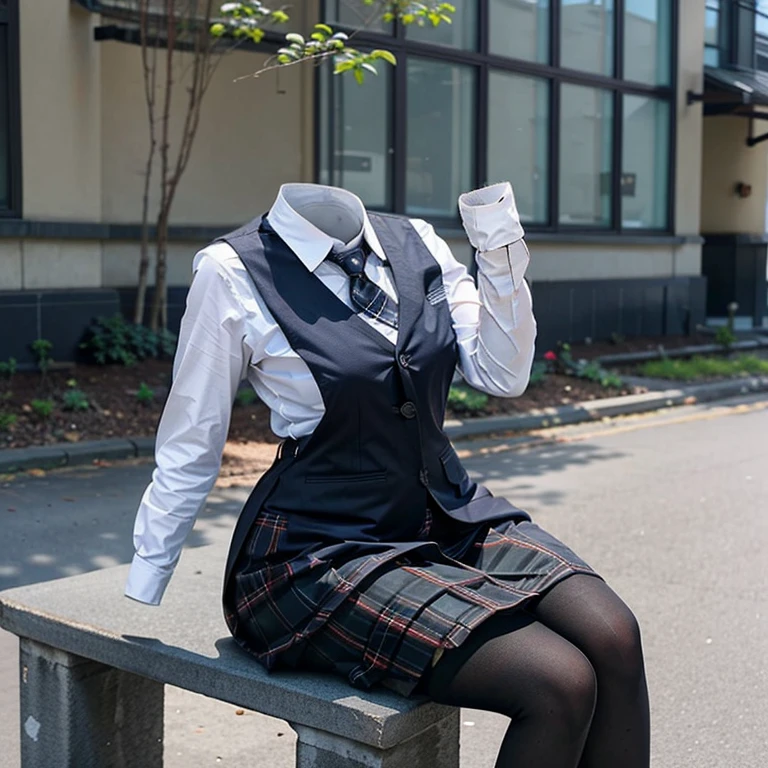 Slav Squat, school vest, plaid skirt, stripe tie, fat, cute big breasts, skirt lift pose, (invisible, no human, headless, handless:1.5)