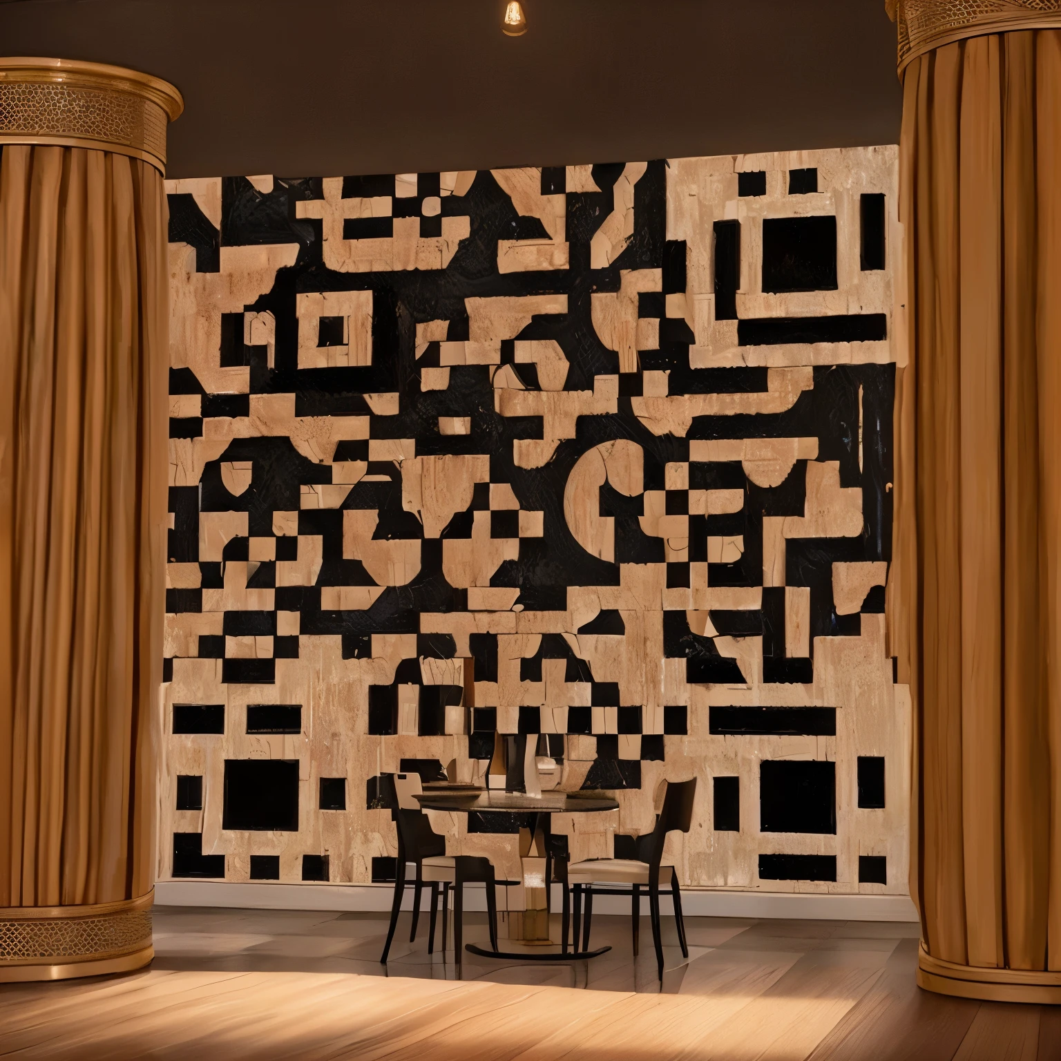 a close up of a table and chairs in a room with a wall, highly aesthetic, digital screens on the walls, by Elias Ravanetti, puzzle-like room, ambient art, ( art deco ), wooden walls with framed art, digital walls, a digital rendering, highly detailed generative art, made of cardboard, pixelated art, wooden walls brass panels