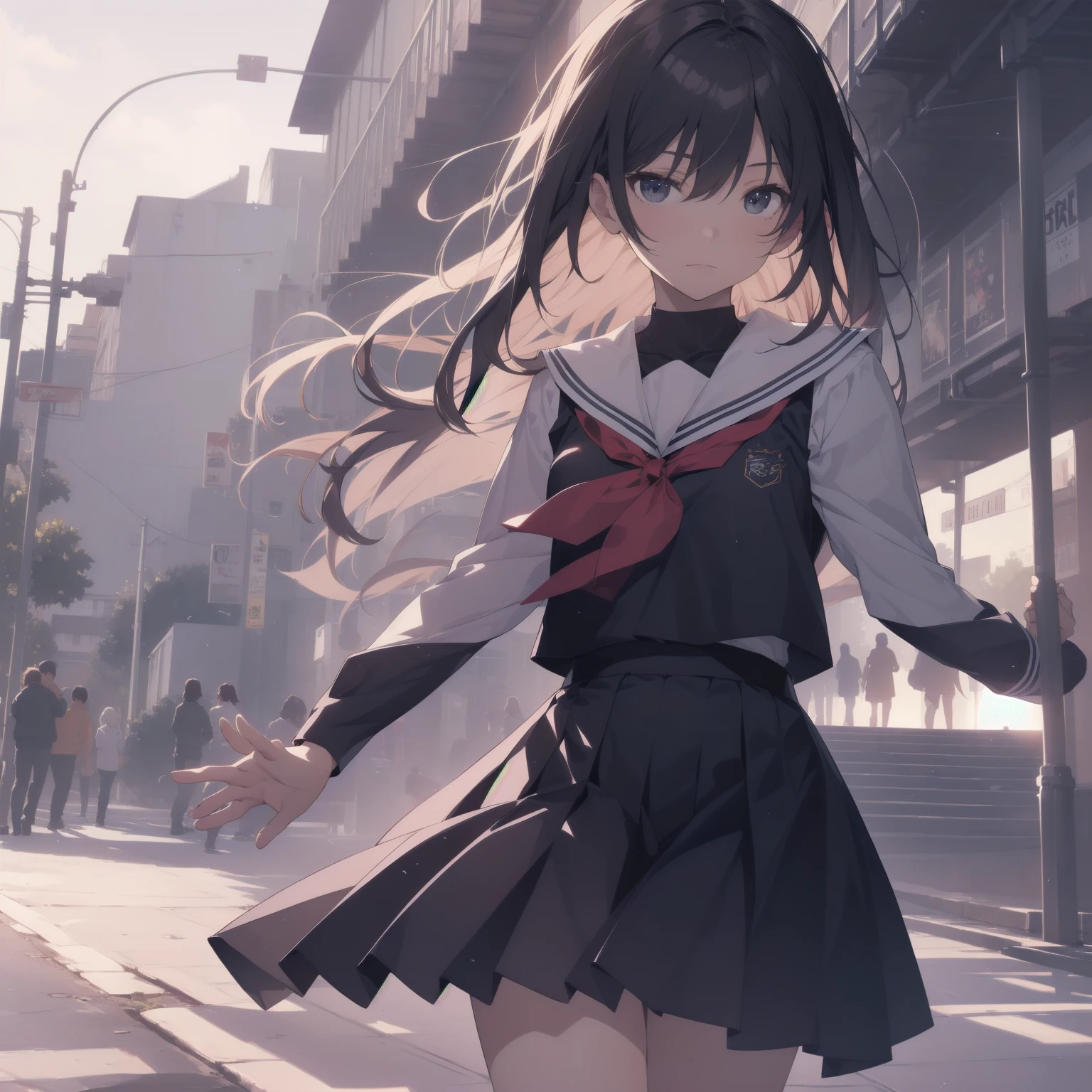 ultra-absurdres-Top quality by artist God, ultra-detailed, high resolution, anime moe artstyle, best anime 8k konachan wallpaper, pixiv contest winner, pool:2810, perfect anatomy,break, 1girl, (Please draw a girl walking sleepily to school alone. )break,(Solo,little female, 13-year-old:1.3),Full limbs, complete fingers,a junior high school student, (very short hair), short cut, flat chest, , small butt, small black eyes, beautiful detailed eyes, well-proportioned iris and pupils, expressive eyes, highres detailed hair, soft expression, salor school_uniform, sailor collar, serahuku, bow, pleated skirt,(Detailed Lighting), (Detailed background), in the School commute route. break,super detailed skin, Best cinematic lighting powered by famous artist, 8k,beauty illustration,photoshop_(medium),very aesthetic,break,((artist:zen_(kamuro) )), artist:clamp ,artist:carnelian ,artist:kantoku ,
