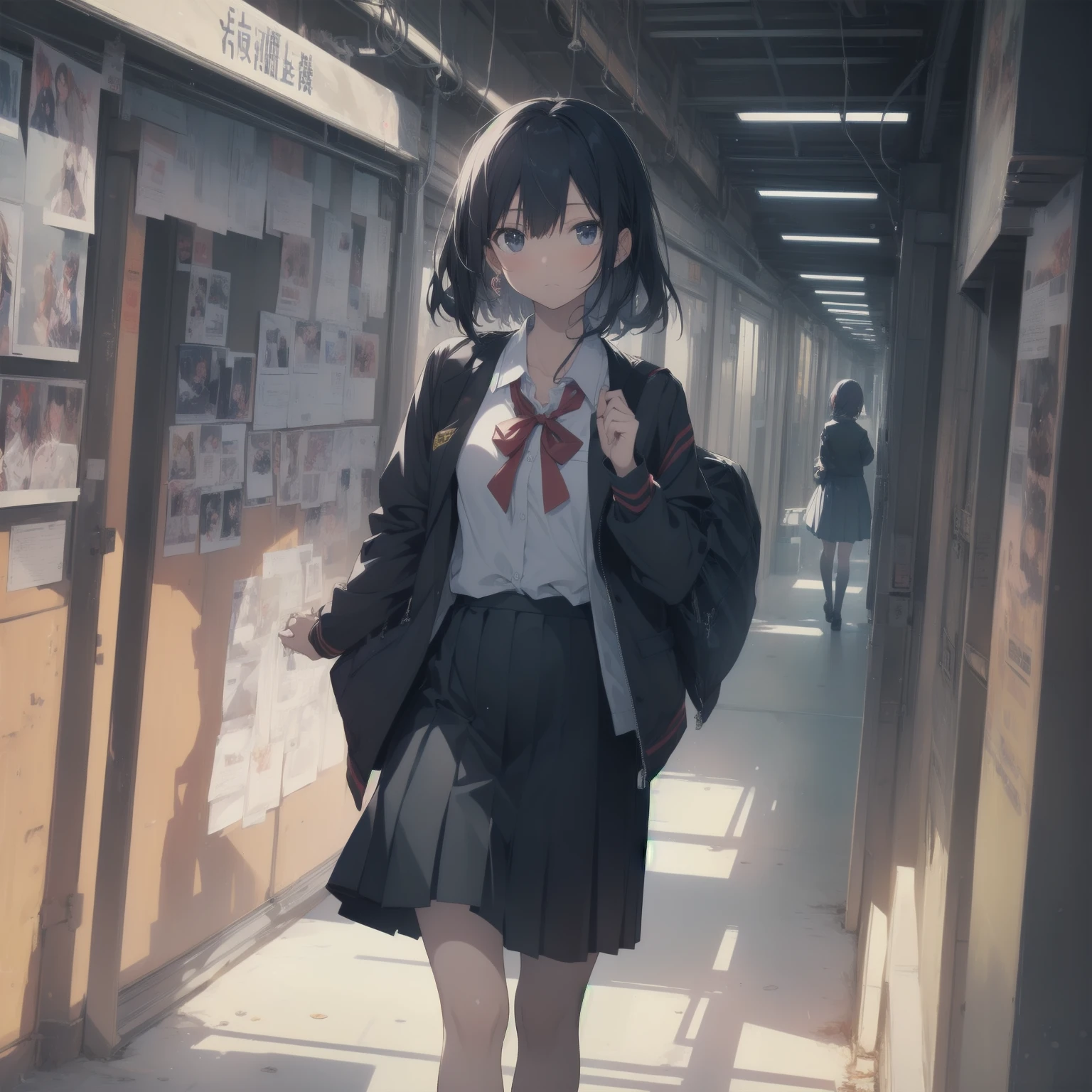 ultra-absurdres-Top quality by artist God, ultra-detailed, high resolution, anime moe artstyle, best anime 8k konachan wallpaper, pixiv contest winner, pool:2810, perfect anatomy,break, 1girl, (Please draw a girl walking sleepily to school alone. )break,(Solo,little female, 13-year-old:1.3),Full limbs, complete fingers,a junior high school student, (very short hair), short cut, flat chest, , small butt, small black eyes, beautiful detailed eyes, well-proportioned iris and pupils, expressive eyes, highres detailed hair, soft expression, salor school_uniform, sailor collar, serahuku, bow, pleated skirt,(Detailed Lighting), (Detailed background), in the School commute route. break,super detailed skin, Best cinematic lighting powered by famous artist, 8k,beauty illustration,photoshop_(medium),very aesthetic,break,((artist:zen_(kamuro) )), artist:clamp ,artist:carnelian ,artist:kantoku ,