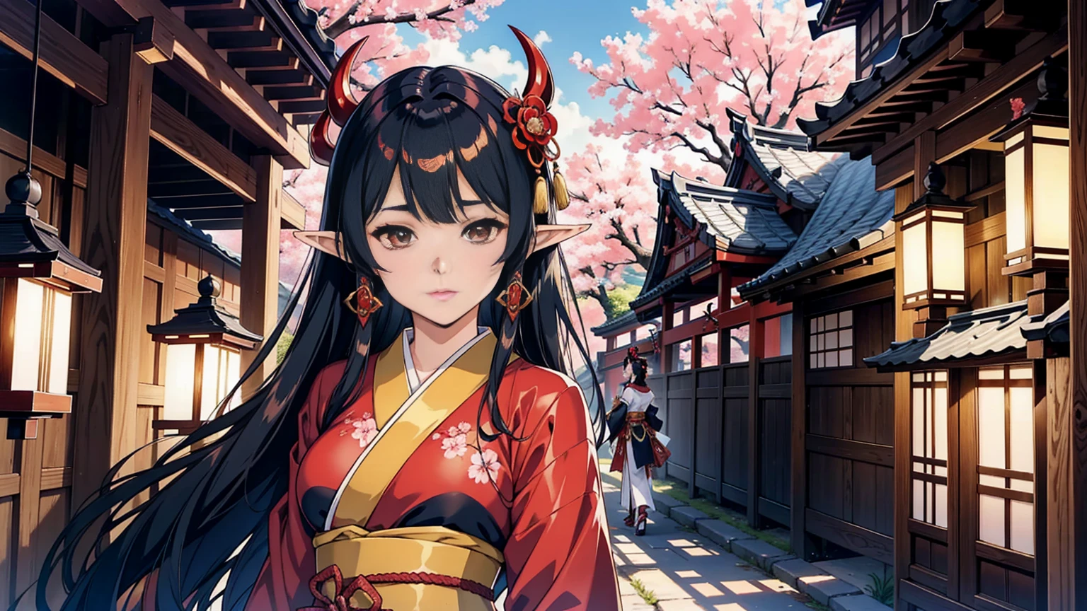 A dark elf wearing a traditional oiran costume, walking in a Japanese-inspired setting. She has long, pointed ears and an elegant, mysterious expression. Her elaborate kimono is adorned with intricate patterns and vibrant colors, showcasing her status. The background features a classic Japanese street with wooden buildings, lanterns, and cherry blossoms in full bloom. The scene captures the essence of a traditional oiran parade, with the dark elf exuding grace and beauty amidst a serene and enchanting atmosphere.