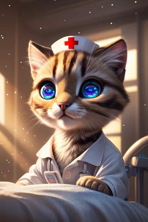 (Highest quality、masterpiece、8k))、Anatomically correct、Very detailed、High resolution、Realistic、((Beautiful, sparkling, detailed eyes))、Intricate details、Cinematic lighting、((Dynamic composition))、Nurse Kitten、Big head、Hospital room