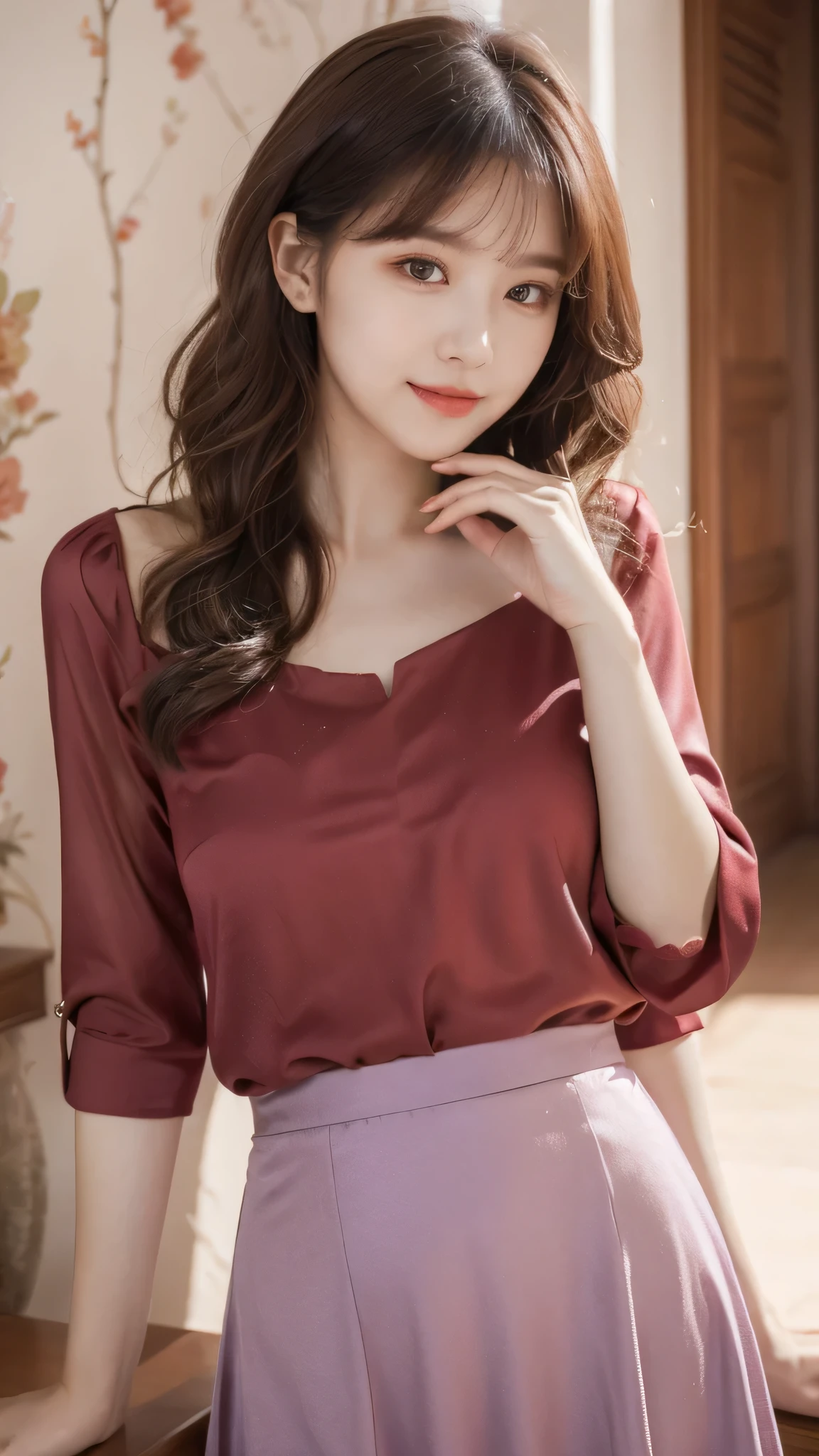 detailed background, masterpiece, best quality, 1 person , curly hair, long hair, purple eyes, star in eye ,  red silky Strapless blouse, long  skirt