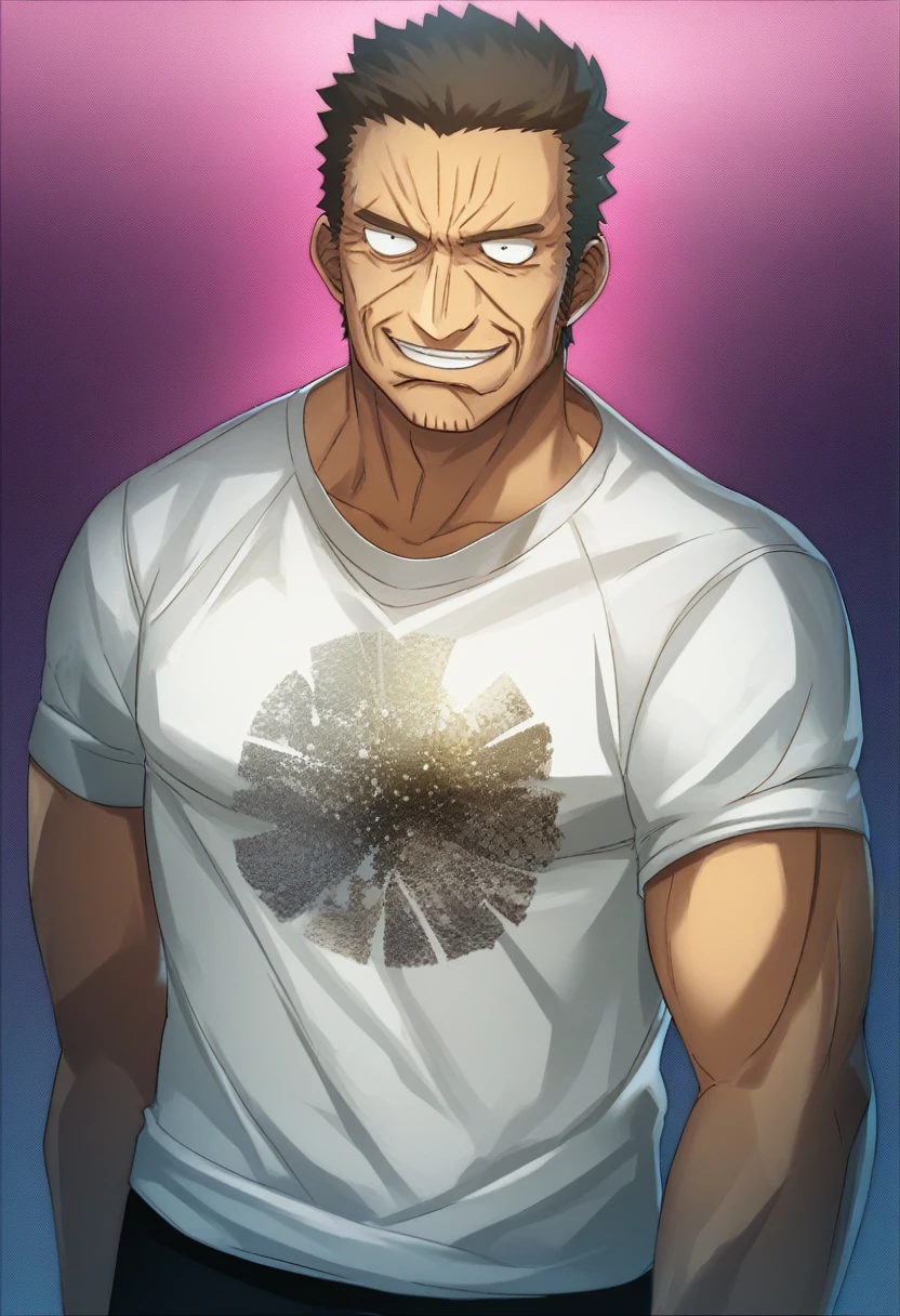 score_9, score_8_up, score_7_up, source_anime, BREAK 1man, ugly dude, bronze skin, strong build body, short haircut, rugged man, toned hunk, small stubble, 35yo, strong square jaw, greek nose shape, ordinary face, broad waist, ideal ratio body proportions, small eyes, dark iris, friendly yakuza, BREAK solo, T-shirt, horny face, intense look, Lewd smile, fearless gaze, natural standing, loose fitting shirt, BREAK male cumrag in eroge style, in old visual novel style, in isekai style, extreme all detailed CG, masterpiece, best quality