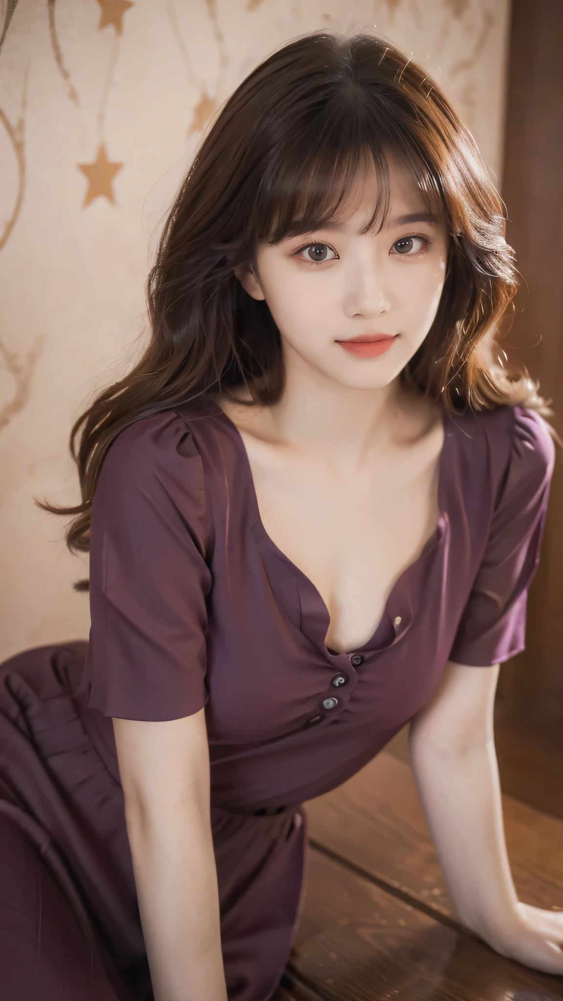 detailed background, masterpiece, best quality, 1 person , curly hair, long hair, purple eyes, star in eye , red silky Strapless blouse, long skirt