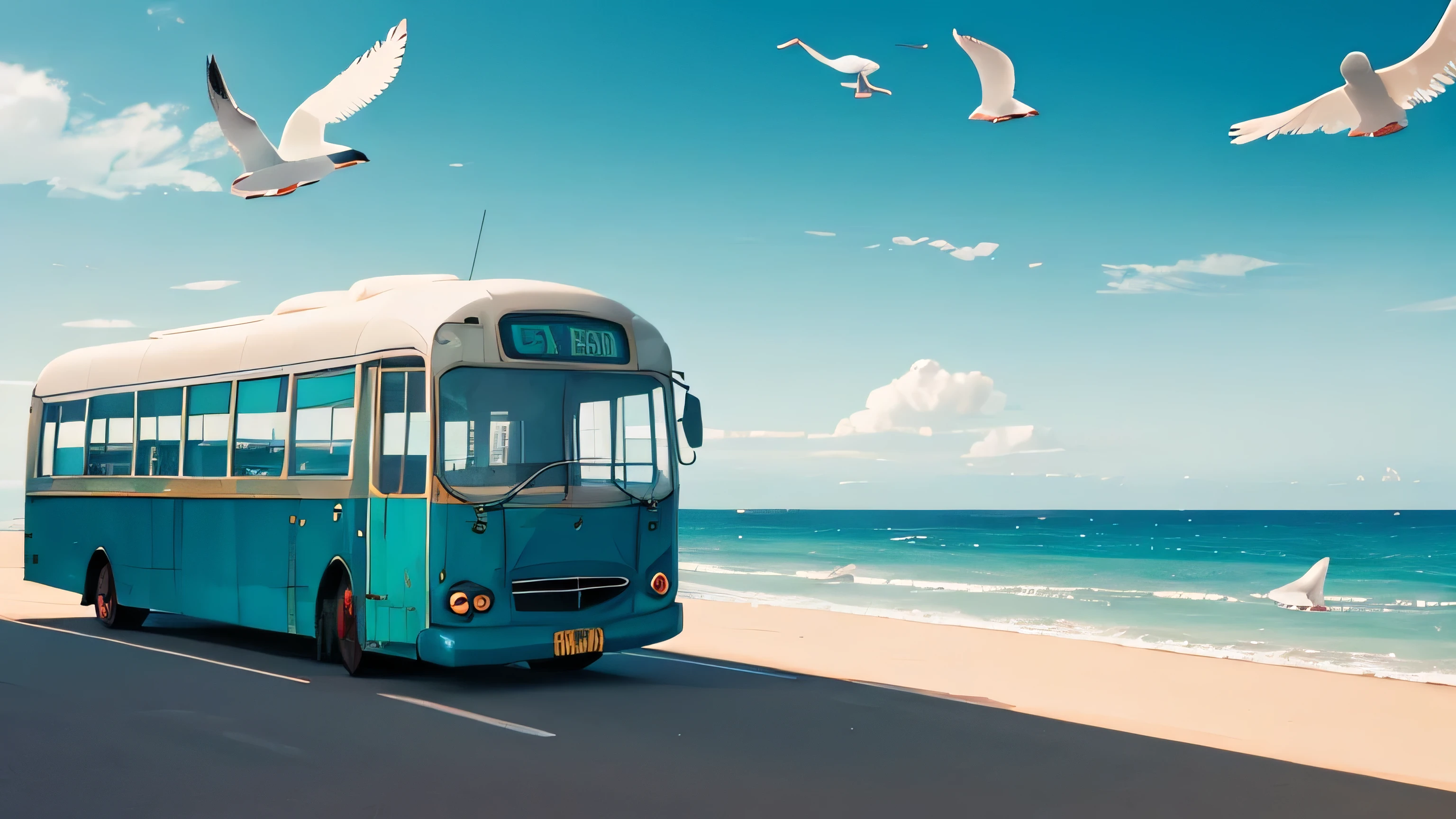 Background, deserted, sea, bus, seagulls
