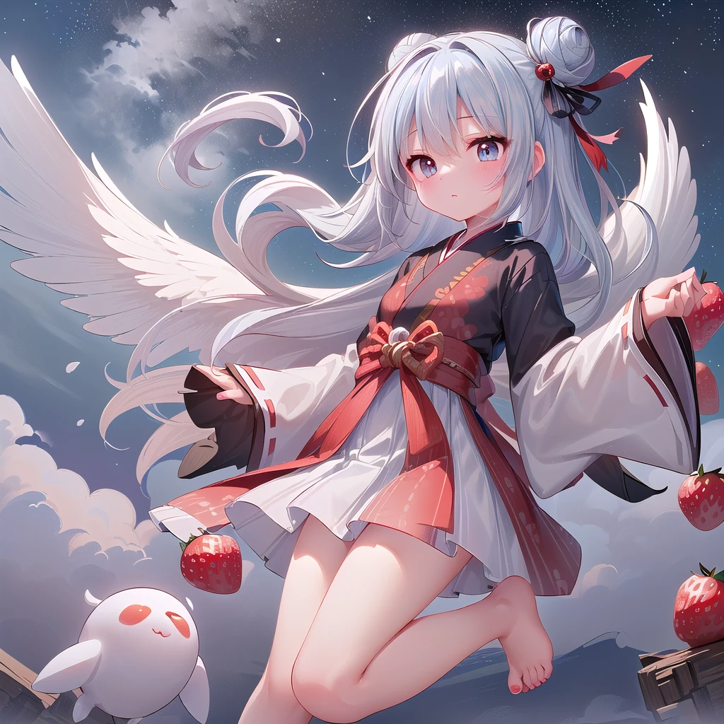 ((Little, Miniature, Genuine, strawberry, 3DCG, 1 girl: 1.3)), (masterpiece, Almond-shaped eyes, Shiny white-blue hair, Short bun hairstyle, Highest quality, Carefully drawn fingertips and toes, Warm clothes, Smooth and beautiful skin: 1.3), (Red cheeks, Fluffy clothes,  Indifference, Expressionless,whole body,: 1.2), (In Little Tengu's daily life, He is enjoying the view as he flies through the sky on his tiny wings.. One of them soars high into the sky、Flying through the clouds. The other Little Tengu are having fun creating tornadoes in the wind. The vastness of the sky々Add color to your life.:1.2),(Little天狗の羽,night:1.3)
