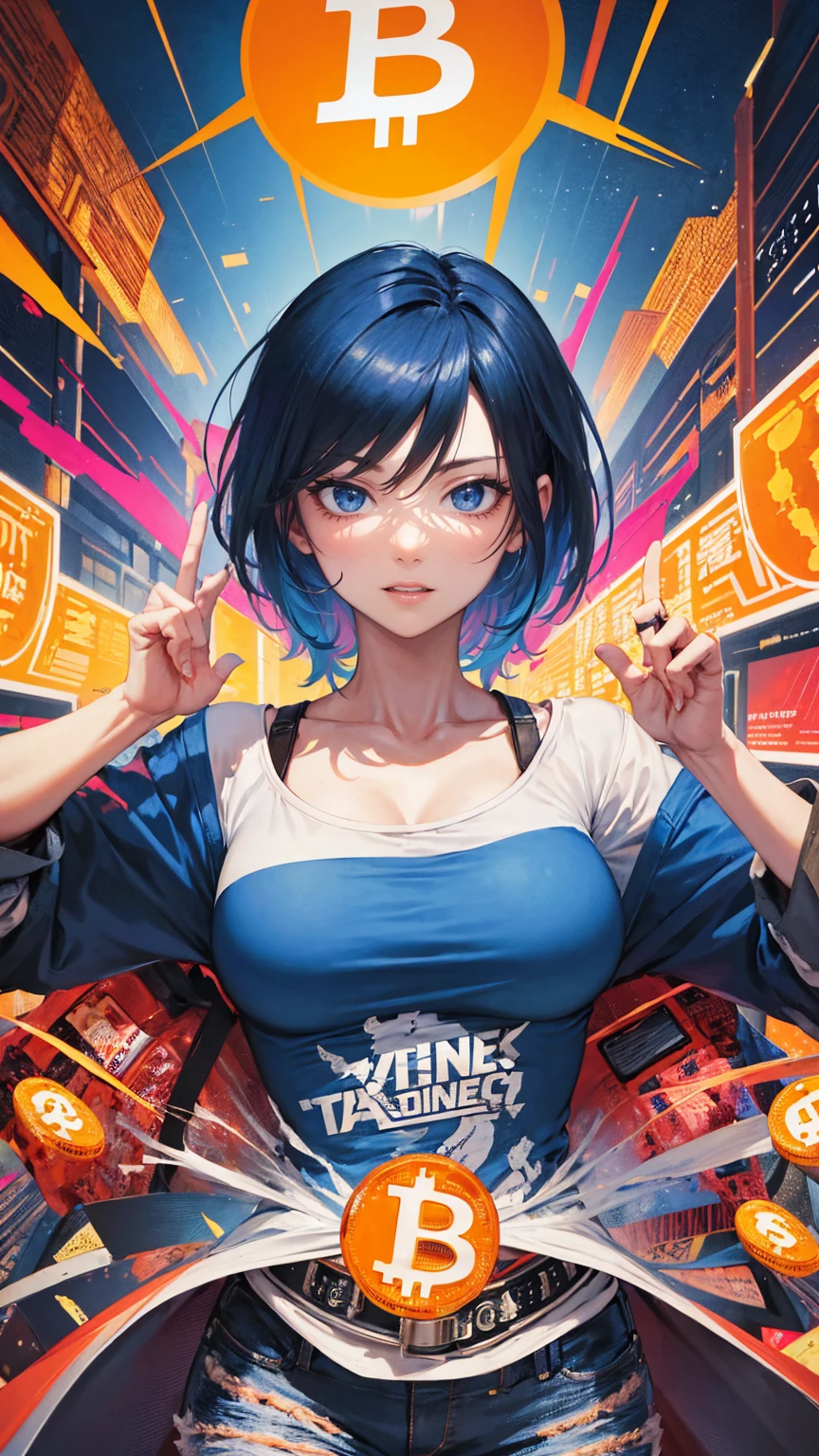 A woman with an angry face holding her phone in front of multiple trading charts, with bitcoin coins flying around and social media icons in the background, wearing blue jeans and a white shirt. The art is in the colorful cartoon style of cyberpunk and hyper-detailed illustrations, with a colorful caricature poster art style and vibrant comic book cover style. It is presented in high resolution, full character in image 