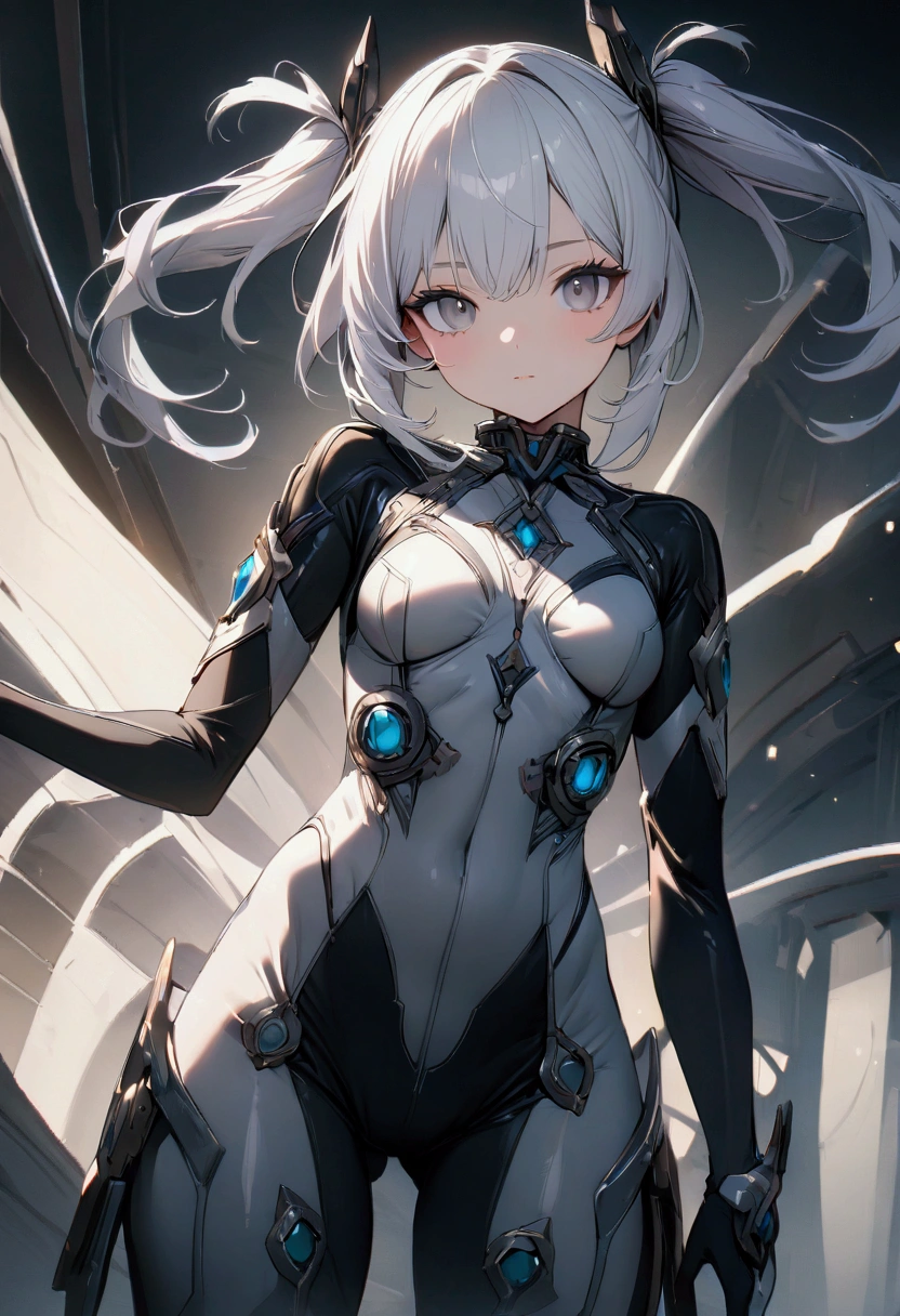 Long white hair, twin tail, grey eyes, slim,bodysuit,front view, 8k, best quality, high resolution. 