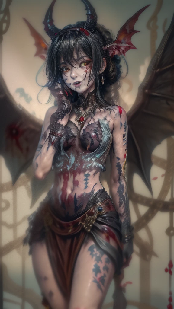 (32K:1.5, Dark fantasy:1.4, Highest quality, masterpiece, Ultra-high resolution), Perfect dynamic composition:1.3, Horror Portrait, chaos, Dark background:1.3, Prisoner, slave, Dark Demon World, (Detailed tattoos on the whole body:1.4, Wearing elaborate jewelry:1.4), Very detailedな肌と顔の質感:1.3, Very accurate, Very detailed, (Cute and sexy succubus demon with big wings:1.3, Incredibly slim body:1.3, beautifully、beautiful:1.3), Horn, Fair skin, Sensual posture, ((Putting Badly Torn Clothing Back on Properly:1.3)), Medium chest, (Big eyes that exude beautiful eroticism:0.4, Feel the intense caress:1.0, Please open your mouth a little, lipstick, Feel the beautiful eroticism:0.9, Too sexy and cute:0.8, charm的な:0.8), ((Covered in blood:1.5, Covered in scars:1.5, Physical pain:1.6, Lots of chains:1.6, Countless chains tangled in clothes:1.6, Chain your right arm:1.5, Chain the left arm:1.5, The right leg is bound with a shackle and chain:1.5, The left leg is bound with a shackle and chain:1.5)), Super long blonde curly hair, Earrings, necklace, bracelet, romantic, mysterious, elegant, Object of admiration, original, dramatic, artistic, Innovative, charm, Heartful, Fancy, sense of openness, sense of cleanliness, special, exciting, Extreme, Tilt, sense of loss, sorrow, sorrowの表現, ((大人のcharm, 女性的なcharm))