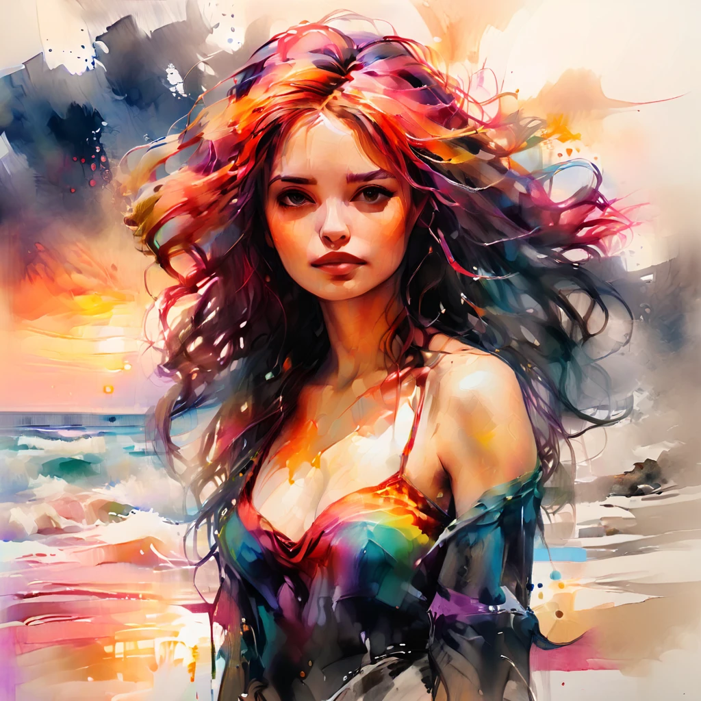 An award winning high resolution photograph of a woman set in a watercolor painting of a beach sunset. The beautiful girl in the photo has thick flowing hair in a range of vibrant colours. As these colours fly out from her hair they become the brushstrokes of the painting. colorsplash 