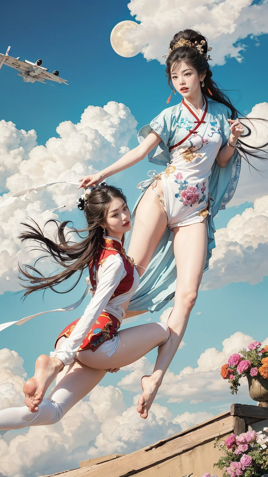 (masterpiece, Top quality, best quality, Official Art, beauty:1.2),(最詳細清晰的contour和五官:2.0,contour:2.0) (1 Chinese Goddess:1.5), Very detailed,(Dunhuang艺术:1.1),(Dunhuang,Colorful:1.1)(Flowers:1.3),Most detailed,(tangled:1.2), (Dynamic flight attitude,Foot on white clouds,Show your thighs:2.0), (blue sky white clouds moon background:1.3), (Chinese embroidered Hanfu:1.2), (Glowing skin,:1.2), (Many colors:1.4), ,(earrings:1.4),