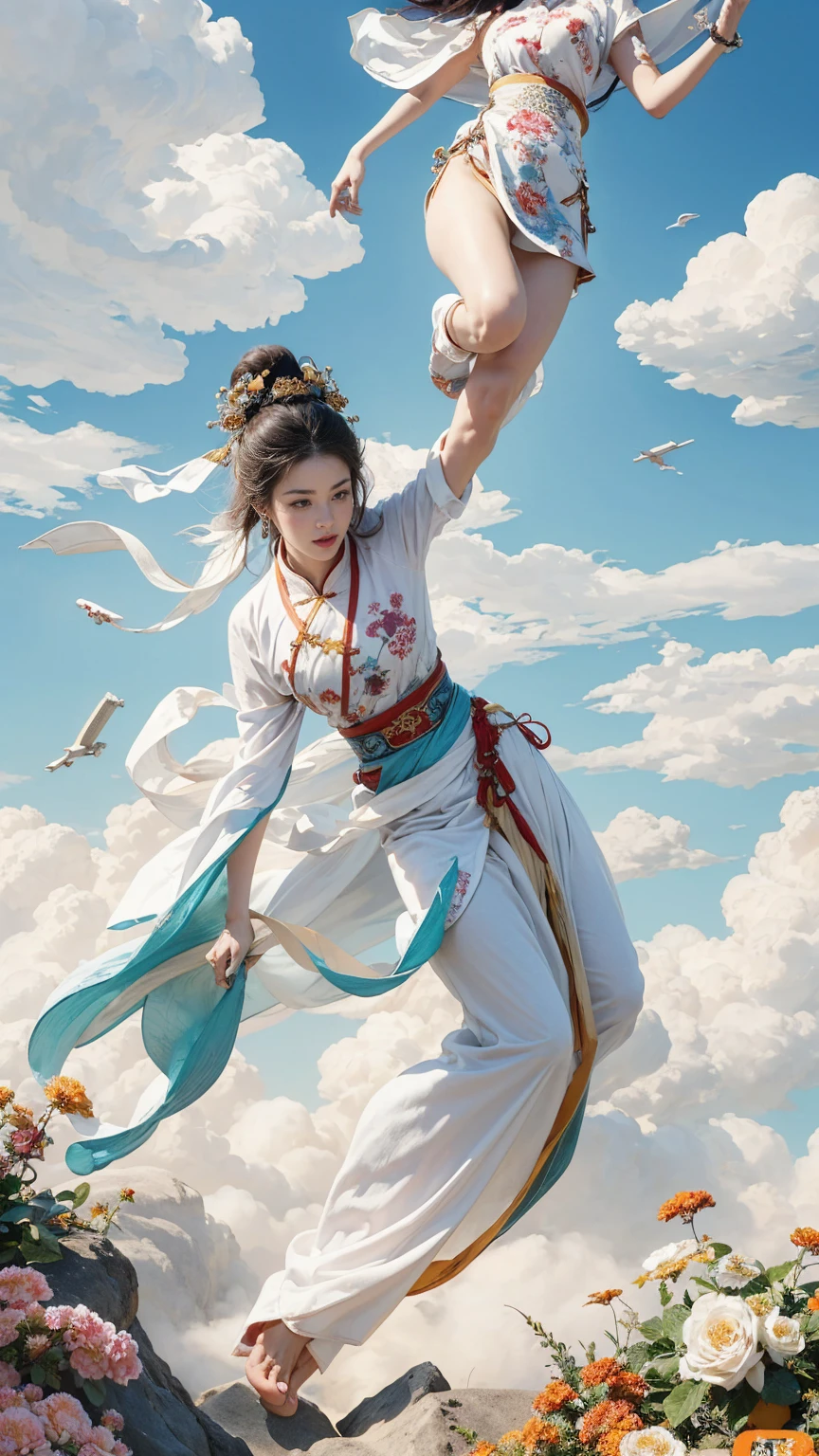 (masterpiece, Top quality, best quality, Official Art, beauty:1.2),(最詳細清晰的contour和五官:2.0,contour:2.0) (1 Chinese Goddess:1.5), Very detailed,(Dunhuang艺术:1.1),(Dunhuang,Colorful:1.1)(Flowers:1.3),Most detailed,(tangled:1.2), (Dynamic flight attitude,Foot on white clouds,Show your thighs:2.0), (blue sky white clouds moon background:1.3), (Chinese embroidered Hanfu:1.2), (Glowing skin,Camel toe:1.2), (Many colors:1.4), ,(earrings:1.4),