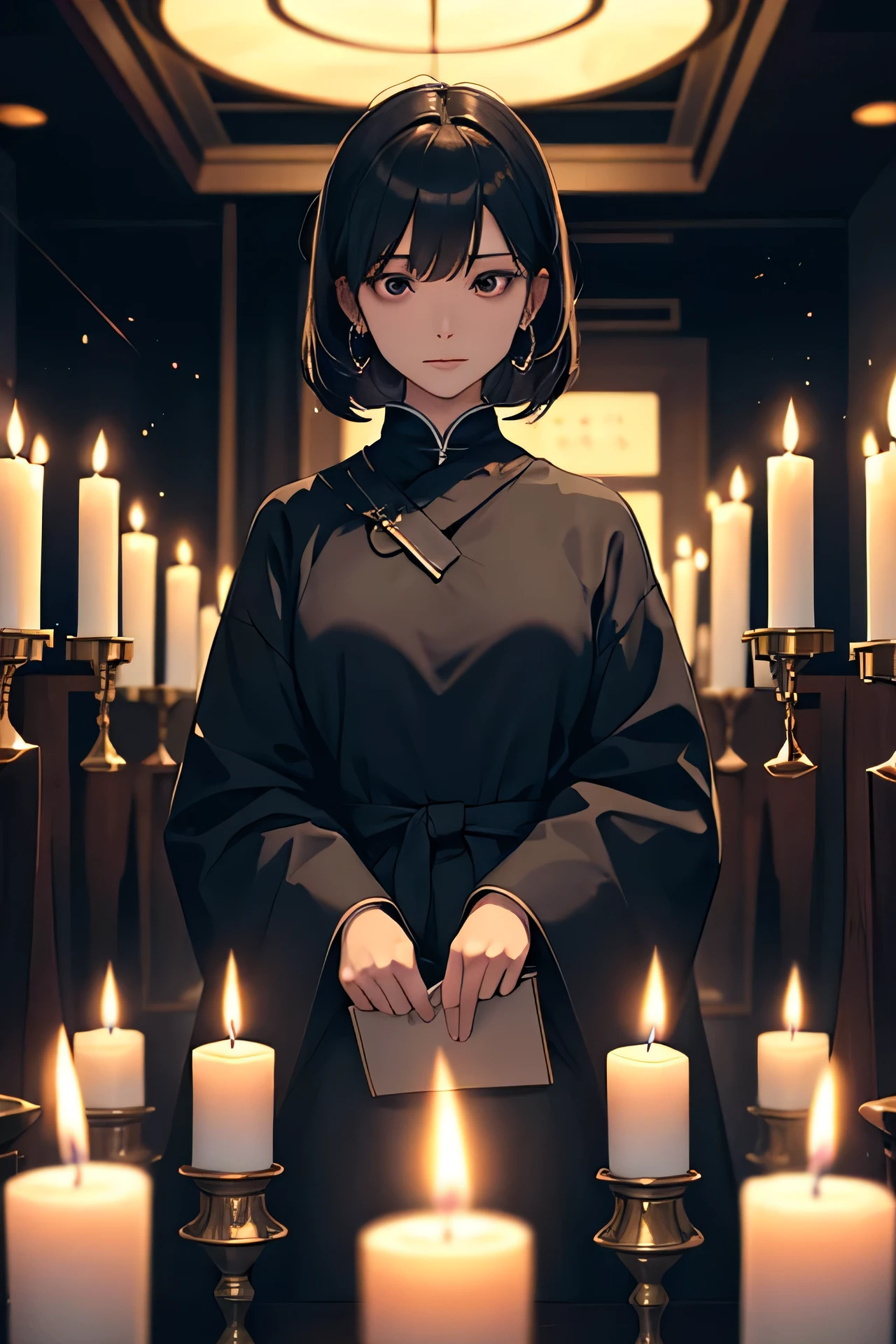 A space filled with candles in the dark。Woman in the back。dim。