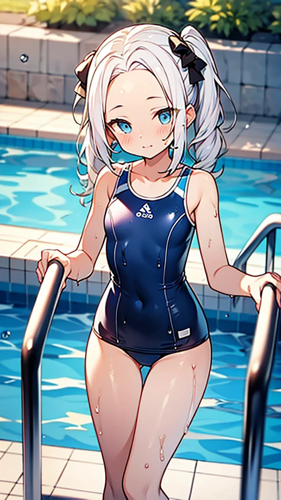 Forehead,twintail hair,white hair,blue eyes,13yo and 120cm,thigh gap,School swimsuits,stand,poolside,forehead,wet hair,