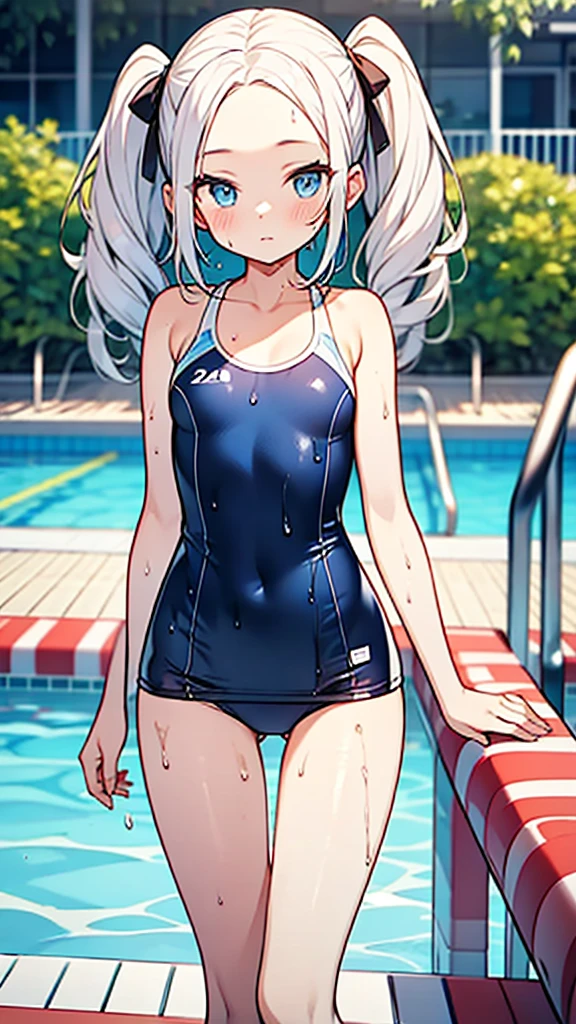 Forehead,twintail hair,white hair,blue eyes, and 120cm,thigh gap,School swimsuits,stand,poolside,forehead,wet hair,