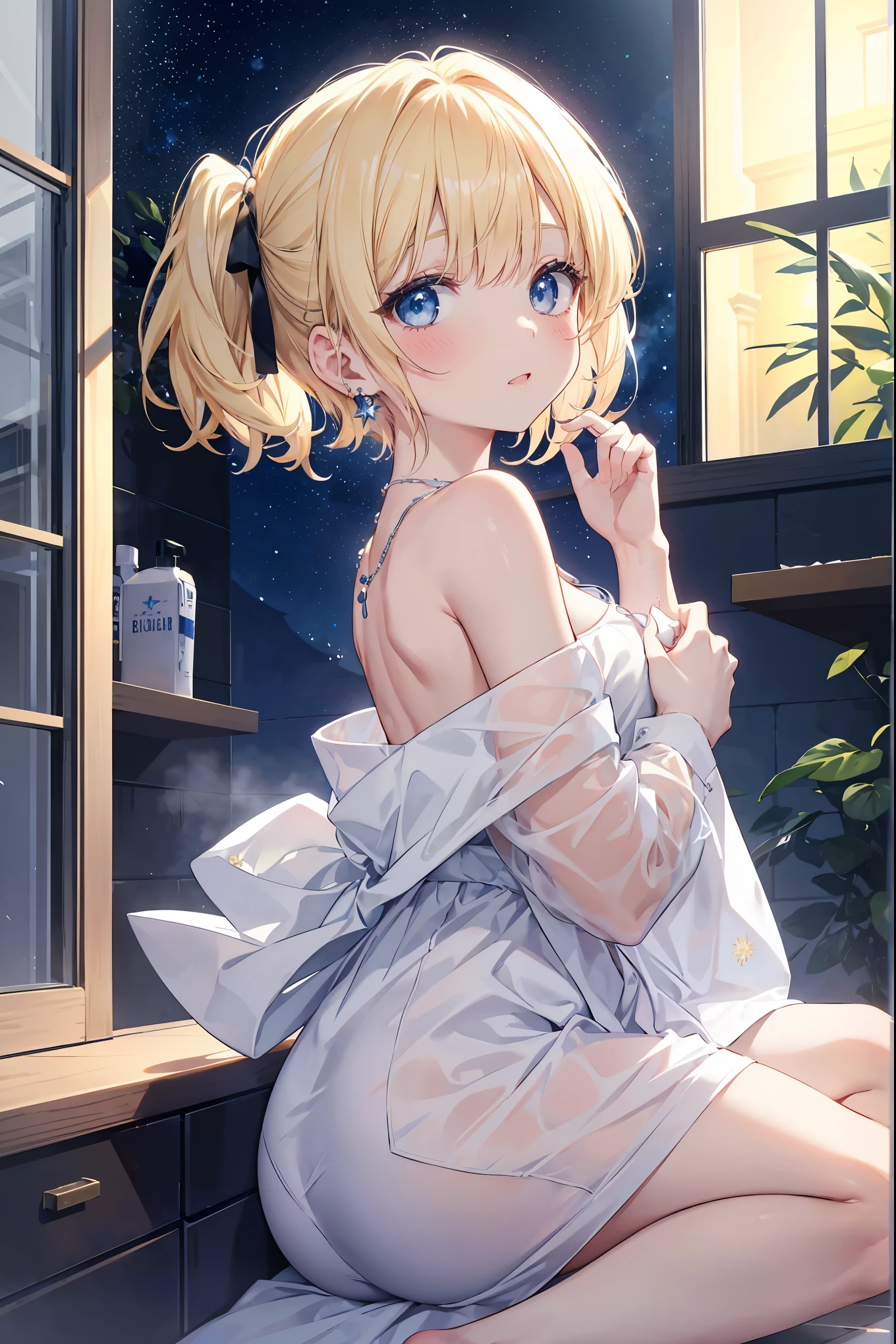 Absurd, Very detailed,Bright colors, Very beautiful and detailed anime faces and eye,indoor, Gazing at the audience,(You can see the starry sky from the window:1.2),(Kind Face:1.4), ribbon, window,Bathroom、Wash your body in the shower,Chair,Hide the box with steam,Blurry,close ~ eye,Open your mouth,Upper body naked、 From the back, Feet are outside the frame, Written boundary depth, Age 25,short hair, , Asymmetrical bangs, Blonde hair in short pigtails, Shiny Hair, Delicate and beautiful face, blush、blue eye, White skin, Valletta, Earrings, necklace,Night view