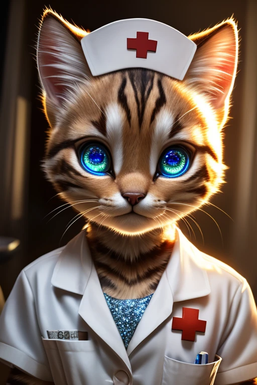 (Highest quality、masterpiece、8k))、Anatomically correct、Very detailed、High resolution、Realistic、((Beautiful, sparkling, detailed eyes))、Intricate details、Cinematic lighting、((Dynamic composition))、Nurse Kitten、Big head、Hospital room,