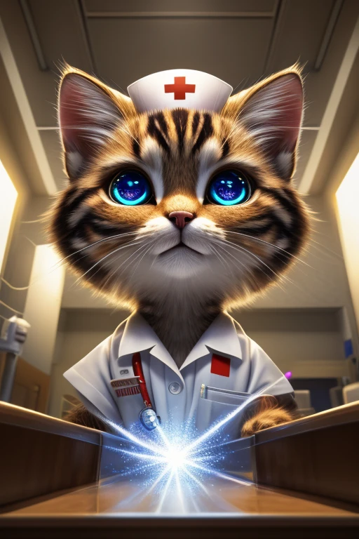 (Highest quality、masterpiece、8k))、Anatomically correct、Very detailed、High resolution、Realistic、((Beautiful, sparkling, detailed eyes))、Intricate details、Cinematic lighting、((Dynamic composition))、Nurse Kitten、Big head、Hospital room,