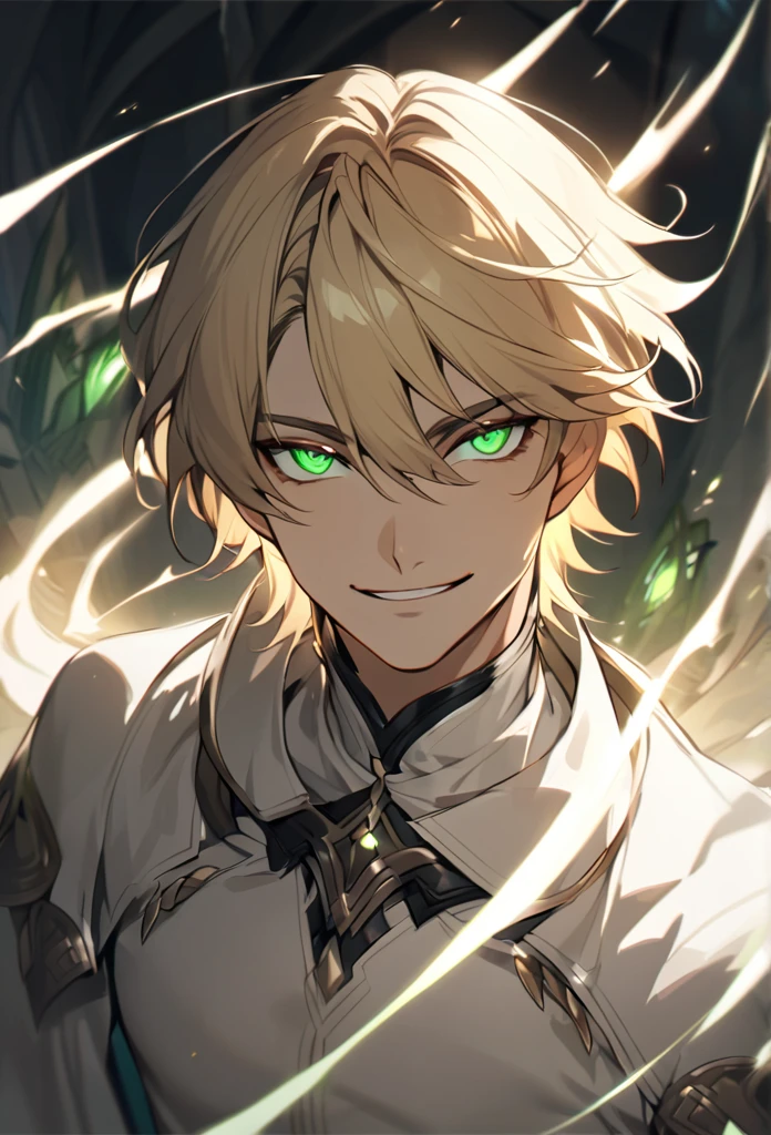handsome, solo, 1 male, short hair, blonde hair, sharp eyes, green eyes, white clothes, lighting, fantasy, smile facial, orelhas de elfo