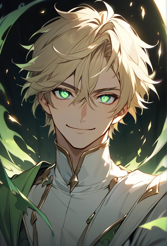 handsome, solo, 1 male, short hair, blonde hair, sharp eyes, green eyes, white clothes, lighting, fantasy, smile facial, orelhas de elfo
