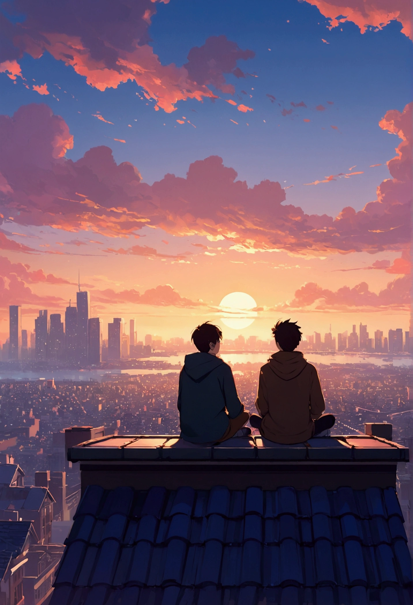 Couple sitting on a roof looking at the city, Digital Art by Alena Aenami, tumbler, Digital Art, Lo-fi art style, 4KAnime Wallpaper, Sit on the roof, Anime Wallpaper4k, Anime Wallpaper 4k, Anime Aesthetics, anime art wallpaper 4k, Lo-fi feeling, anime art wallpaper 4k, Anime Wallpaper