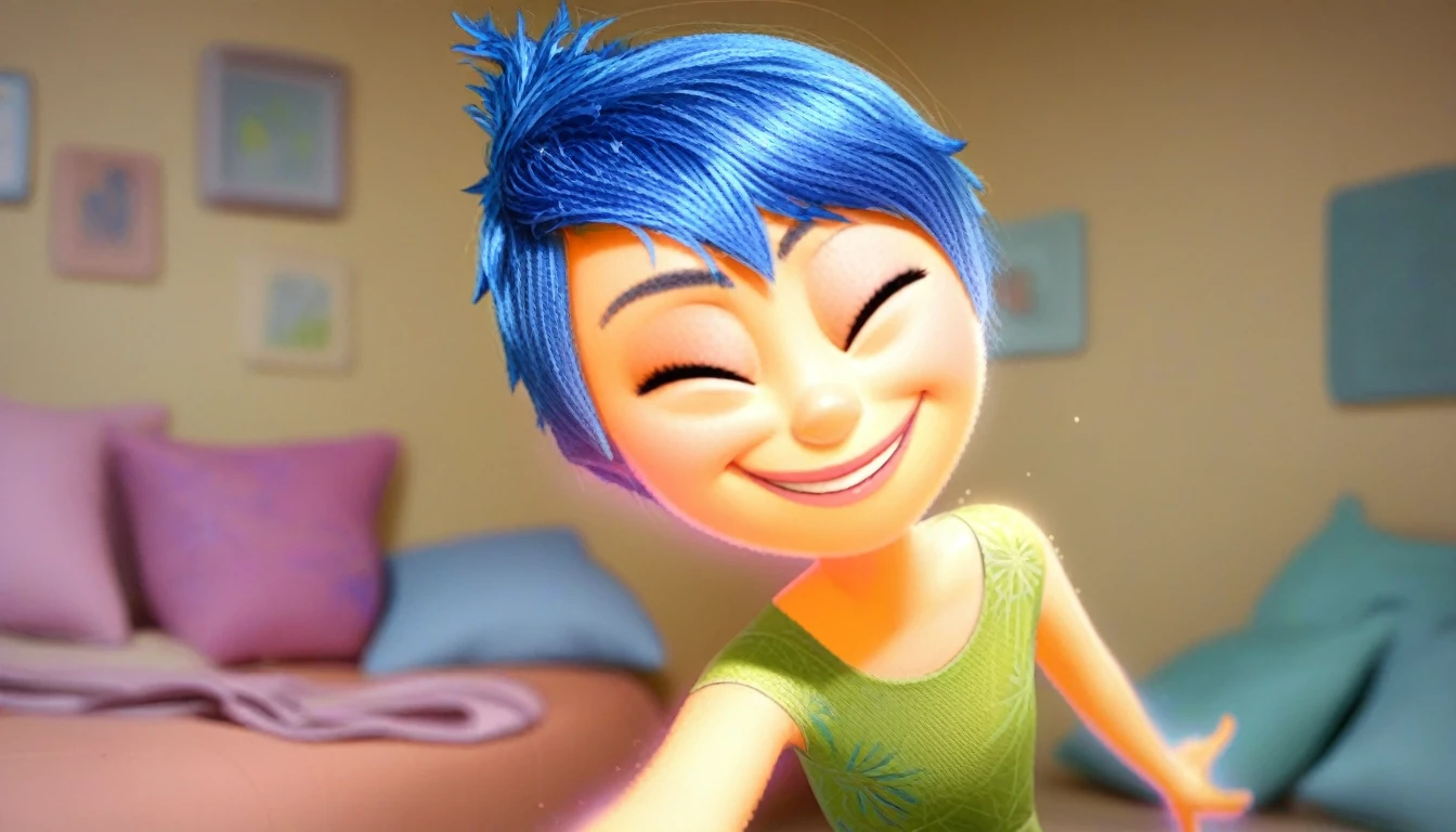 zPDXL, j_o_y, 1girl, blue hair, glowing, green dress, looking at viewer, serious, smiling, standing, medium shot, inside bedroom, soft lighting, girl Joy lies on a pillow and sleeps, the character has blue hair and a yellow dress, her eyes are closed, she sleeps, her face is decorated with a smile, Joy