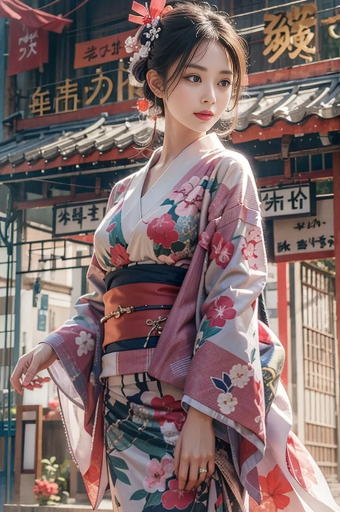 (Photorealsitic:1.4), (Top image quality:1.0), (超A high resolution:1.0), 8K、Japanese 0.1 : Korean 0.1 : Taiwan 0.3 、(( perfect eyes、Perfect mouth、symmetrical eyes、))Raw photography, (masterpiece:0.2), (pureerosface_Right and left eyes or the same size、Big laugh 、v1:0.5)、(Best Quality Detail:1.2)、realisitic、8K、hight resolution、(1girl in:1.2)、The ultra-detailliert、High quality textures、intricate detailes、detaileds、Very detailed CG、High quality shadows、Detail Beautiful delicate face、Detail Beautiful delicate eyes、depth of fields、1girl in, Cute, red kimono, Kimono with Japanese pattern,Floral scrunchie, Beautiful skin, Facing the front,Sit down, Facing directly ahead of the viewer、Align your hands elegantly,Smile faintly The Land of Japan,Japanese garden,Luxury Japanese-style room, 1womanl, Solo, hips up high, look at viewr, (Detailed face), Kimono,