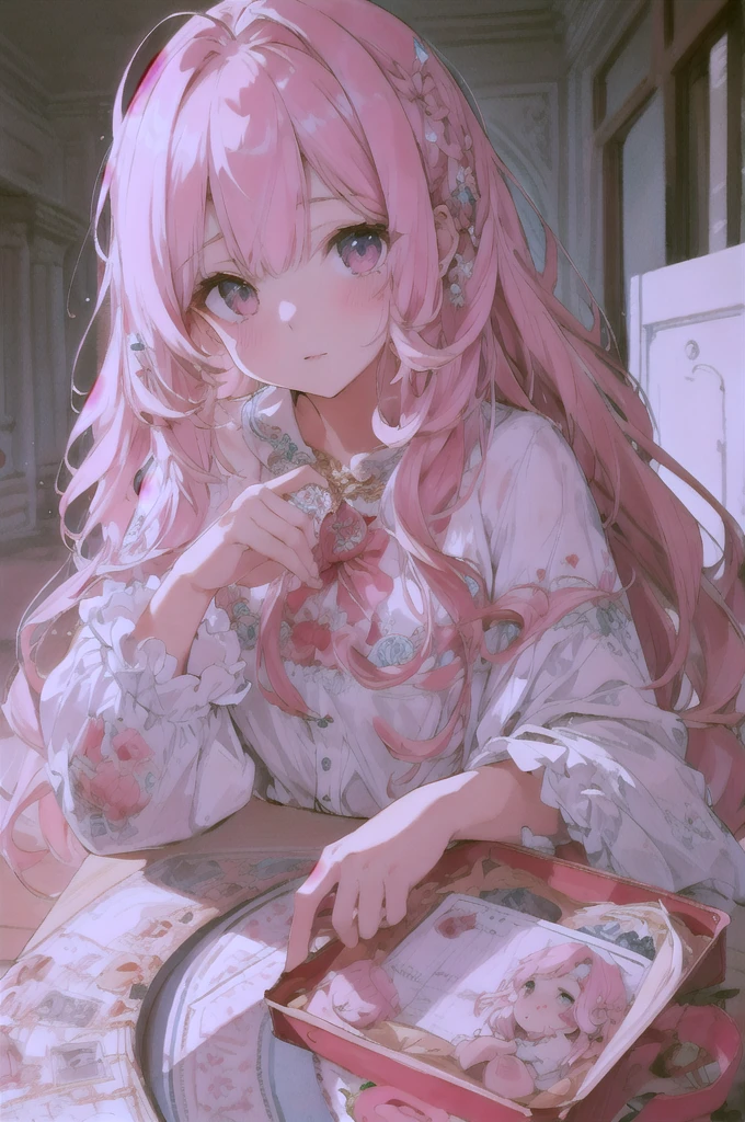 Highest quality,  Ultra-high resolution,   Beautiful face in every detail,   beautiful girl， masterpiece， beauty， Precision， Detailed illustrations，Pink wavy long hair，look down，Baby Face，cute，Illness，