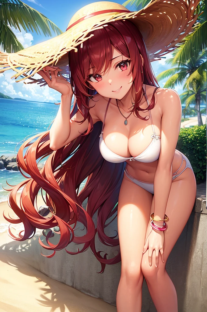 ((masterpiece, best quality, ultra-detailed)), 2girls, beautiful women on the beach, smiling, blush, wearing beach bra and maxi pencil skirt, necklace, bracelet, summer hat, wavy red hair, leaning forward, wet, summer, beach