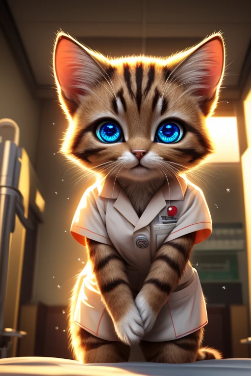 (Highest quality、masterpiece、8k))、Anatomically correct、Very detailed、High resolution、Realistic、((Beautiful, sparkling, detailed eyes))、Intricate details、Cinematic lighting、((Dynamic composition))、Nurse Kitten、Big head、Hospital room,temperature measurement