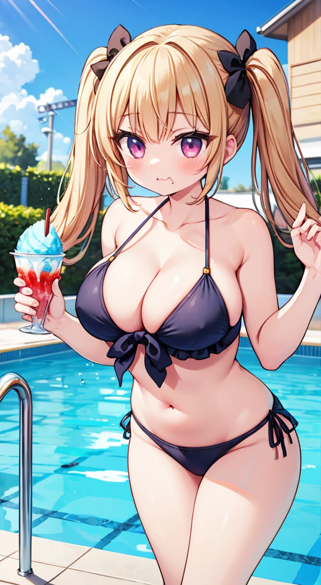 Eating a large shaved ice,Highest quality,Girl in Bikini,Twin tails,Large Breasts,Poolside,