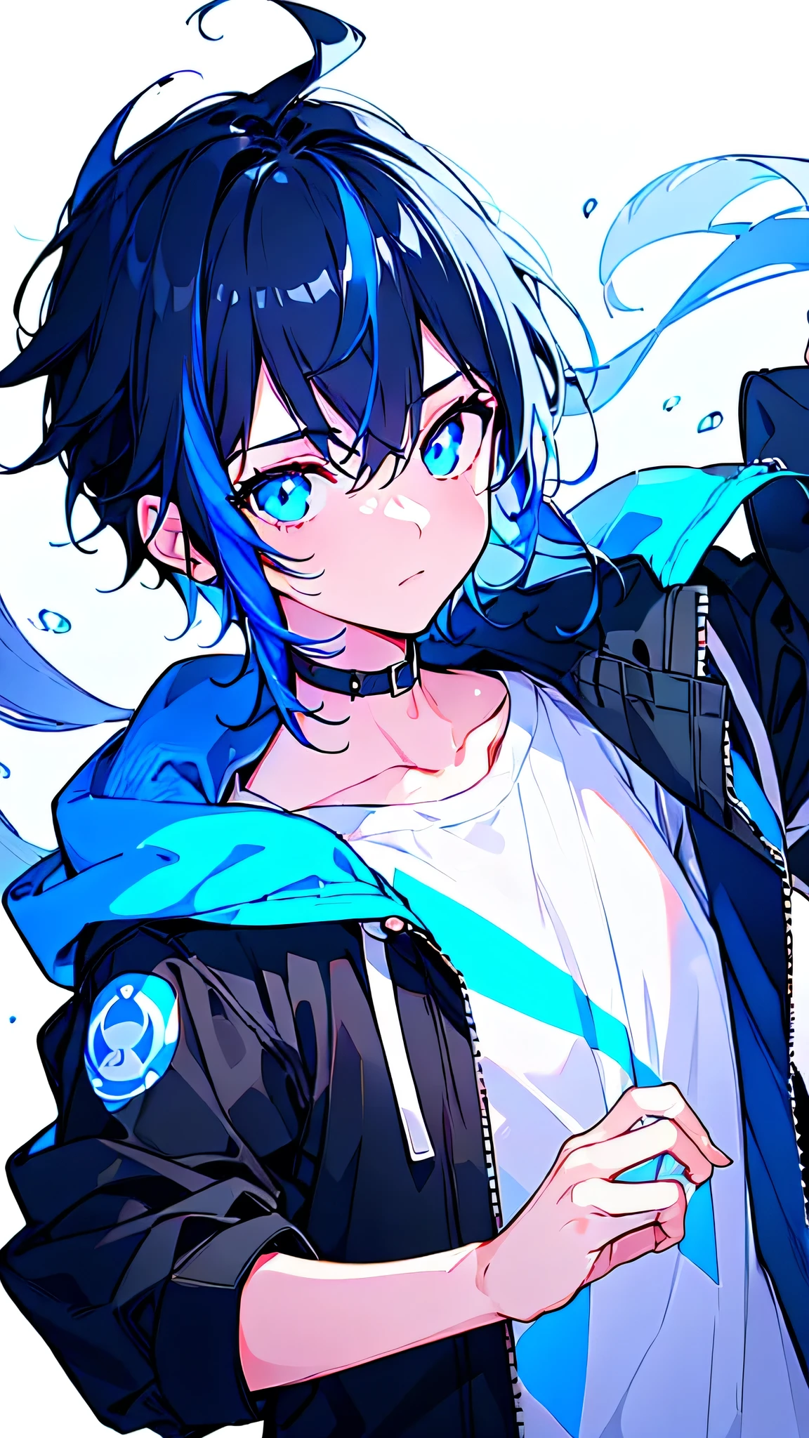 [(WHITE BACKGROUND:1.5),::5], ((((masterpiece)))), high quality, ultra very high resolution, full color, (((solo))), (( boy)), BLACK hair, ((Blue streaked hair)), (oriental deepblue eyes), anime, ((upper body)), Summer clothes, neon light, black parka,