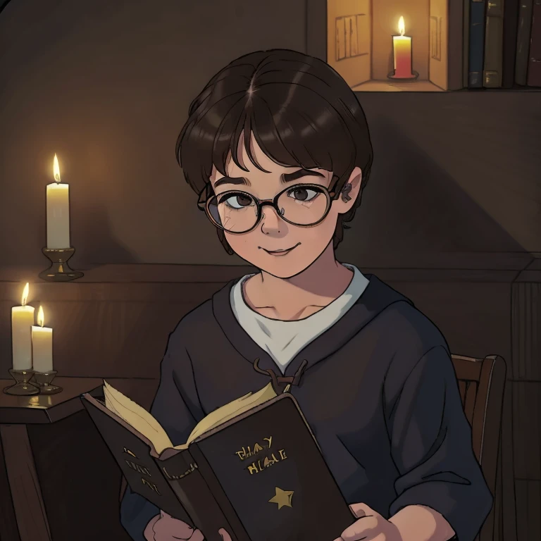 ((1 beautiful child:1.2, (girl), ((solo)), short hair, slightly wavy hair:1.1, short brown hair:1.1, Glasses, holding a book in his hands, enthusiastic reading, Happy Look, Serious expression on his face,sitting alone in a dark room surrounded by lit candles, read with enthusiasm))
