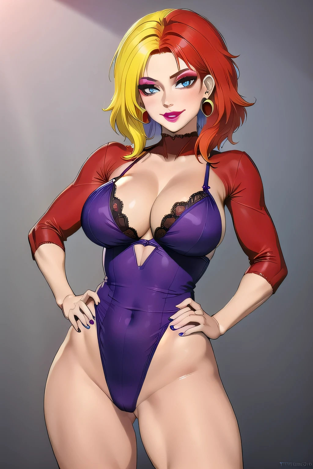 (masterpiece, highres, best quality:1.3), 8K, highly detailed, intricate, colorful, vibrant image, sharp focus, digital blending, 4K, trending on pixiv, chara soon, (lace leotard, lingerie), mature female, 40yo, milf, curvy, looking at viewer, (( multicolored hair, red hair, yellow hair)), purple lipstick, eyeshadow, makeup, gray eyes, perfect eyes, perfect face, ultra detailed hair, ultra detailed face, earrings, ultra detailed lips, smirking, large breasts, ultra detailed lipstick, cowboy shot, hand on hip