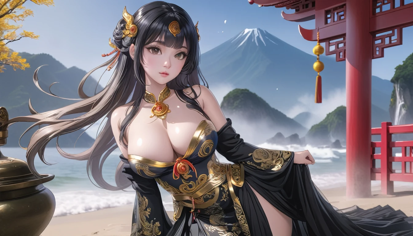 穿着华服的神明Strike a pose拍照, Ancient mysterious sexy goddess, Traditional beauty woman, Beautiful female warrior god of war , Beautiful sexy goddess, Gorgeous role-playing, high, Beautiful young girl, Beautiful woman, 华丽Beautiful woman, Complex clothing,Chinese Mystical Aesthetics, Beautiful Asian ancient mysterious girl, Extremely detailed shot of the goddess, Jaw-dropping sexy beauty, Big breasts deep neckline sexy belly button(butt), (bedroom), (Sexy Girls), masterpiece, best quality, Bangs, blush, Chest, clavicle, Eyebrows visible through hair, (Gradient red and gold hair), Jewelry, Long hair,Bright Eyes, ring, (solitary), illustration, fashionable, miss, Strike a pose, background, element, confident, Express, Accessories, majestic, striking, key point, Dynamic poses, ((plump)), (black))Woman in transparent dress,Viewer,(((Full breasts, Keeley University))),Slim waist,(Navel exposed,Bare waist), Long hair, extreme detailed details, Detailed fantasy art, Stunning character art, Beautiful and exquisite character art, Beautiful transparent dress, Very detailed, Large Breasts,饱满Chest,Golden ratio figure,Perfect body,Ultra wide-angle shooting,Full body shot拍摄,Body close-up,Full body shot,Wearing a pleated tulle skirt,柔和动漫illustration, 柔和的深色background,Fujifilm XT3 Clear focus, f 5.6, High Detail, Clear focus,(Wearing openwork clothing),, (Natural light), (Tempting)translucent, Good velvet quality, Compared, Divine Light,, Silver hair, 天空background, Absolute Strength,Female Shinmei,穿着性感丝绸的Female Shinmei,,Large Breasts,饱满Chest,Golden ratio figure,Perfect body,Ultra wide-angle shooting,Full body shot,Body close-up,Full body shot, Wearing a tulle dress, Model shooting style, Large Breasts,饱满Chest,Golden ratio figure,Perfect body,(Extremely detailed CG 8k wallpaper unit), The most beautiful artistic photos in the world, , 8K Ultra HD, ) on the beach,Sexy lazy posture,Sexy seductive expression,best quality,masterpiece,Ultra-high resolution,(Practical:1.4),original photo,Ultra-high resolution