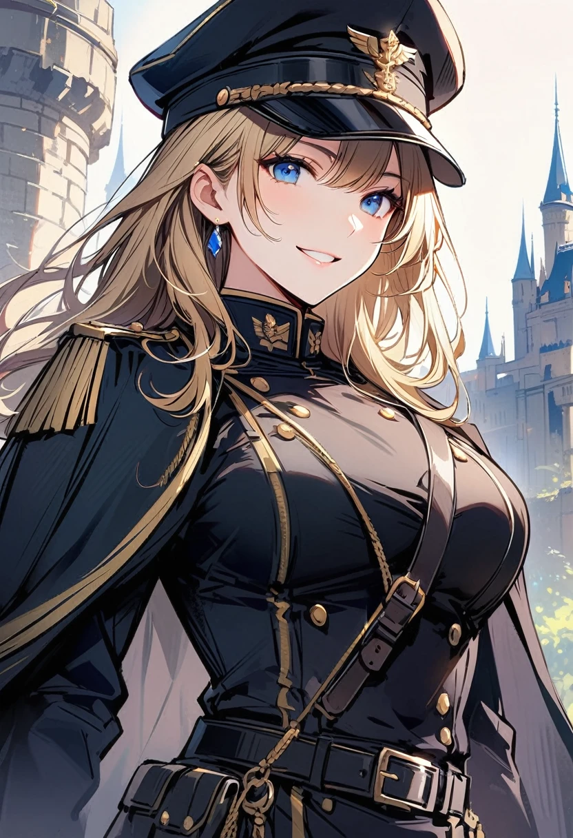 Woman with long blonde hair, blue eyes, He wears a black Prussian military uniform with gold details., He wears a black military cap with gold details., Black Cape, Large Breasts, Outside the big castle.Smile,Smileみ,