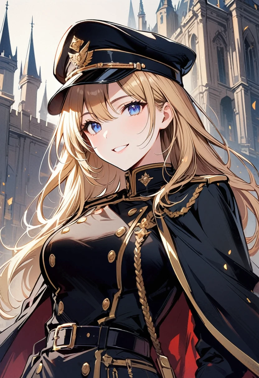 Woman with long blonde hair, blue eyes, He wears a black Prussian military uniform with gold details., He wears a black military cap with gold details., Black Cape, Large Breasts, Outside the big castle.Smile,Smileみ,