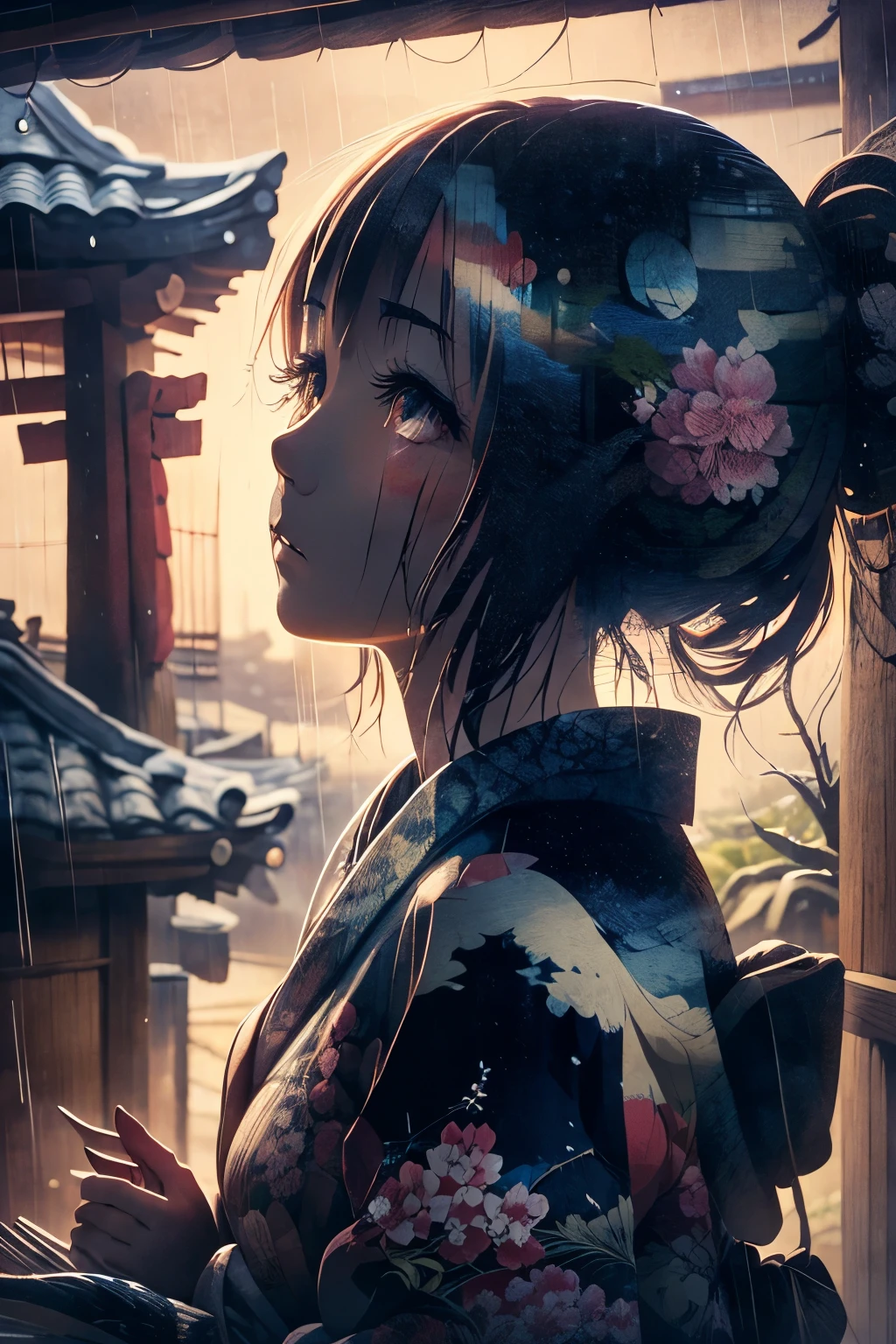 Japanese woodblock print style image, Highest quality, Incredibly absurd, Very detailed, Delicate texture, Beautiful sad woman sheltering from the rain under the eaves