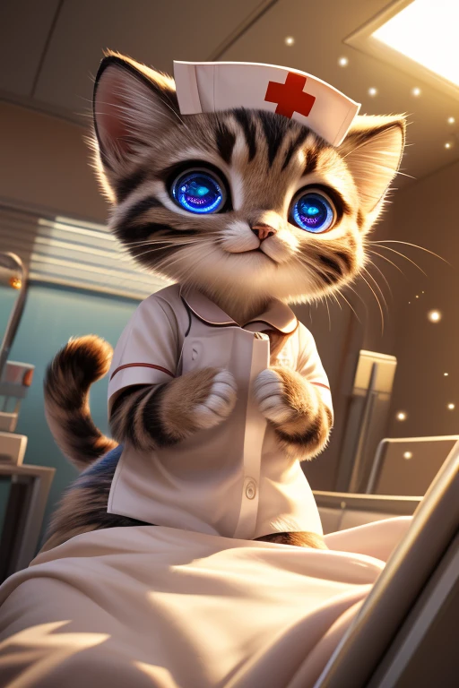 (Highest quality、masterpiece、8k))、Anatomically correct、Very detailed、High resolution、Realistic、((Beautiful, sparkling, detailed eyes))、Intricate details、Cinematic lighting、((Dynamic composition))、Nurse Kitten、Big head、Hospital room,We will measure your temperature