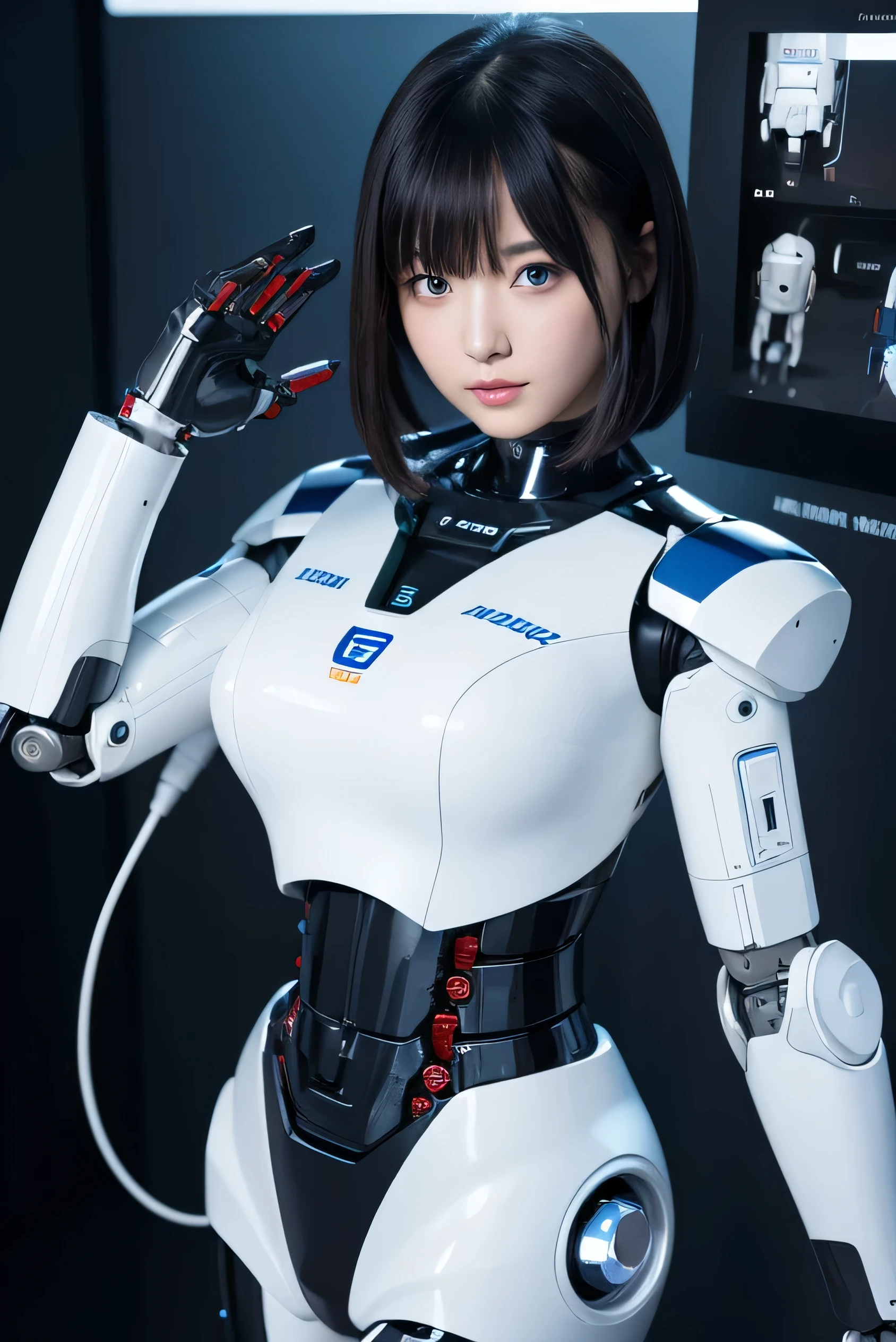 masterpiece, best quality, extremely detailed,8k portrait,Japaese android girl,Plump , control panels,android,Droid,Mechanical Hand, Robot arms and legs, Black hair,Blunt bangs,perfect robot girl,long tube,thick cable connected her neck,android,robot,humanoid,cyborg,japanese cyborg girl ,robot-assembly plant,She has assembled now,assembly scene,white robot body,blue eyes, 